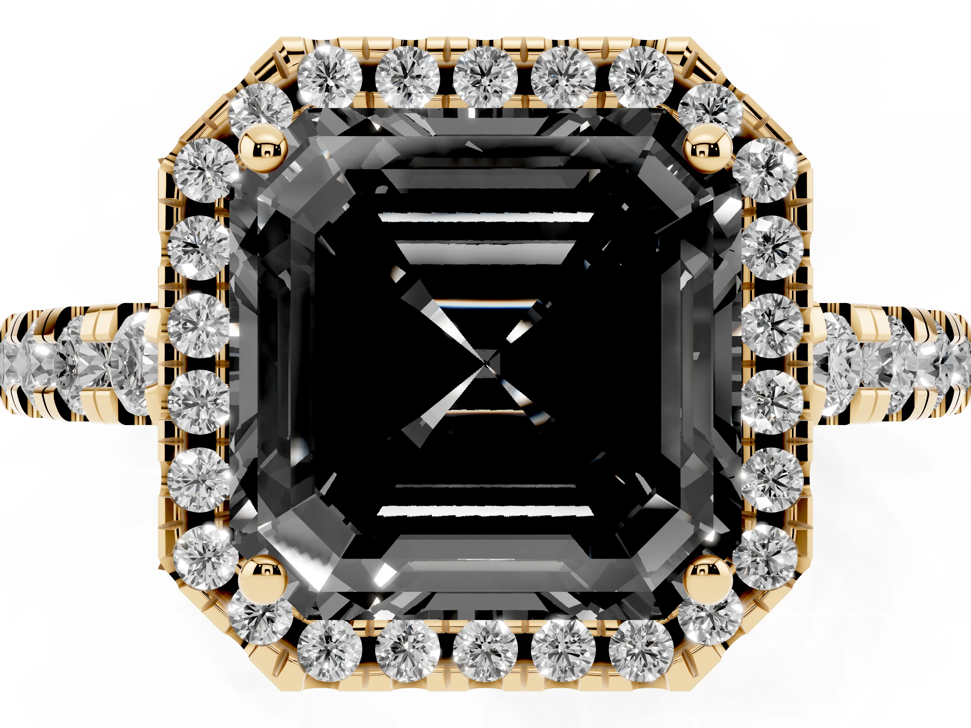 Fancy Black Asscher Cut Diamond Halo Ring Set in Yellow gold with Delicate Pavé Band and Prong Setting