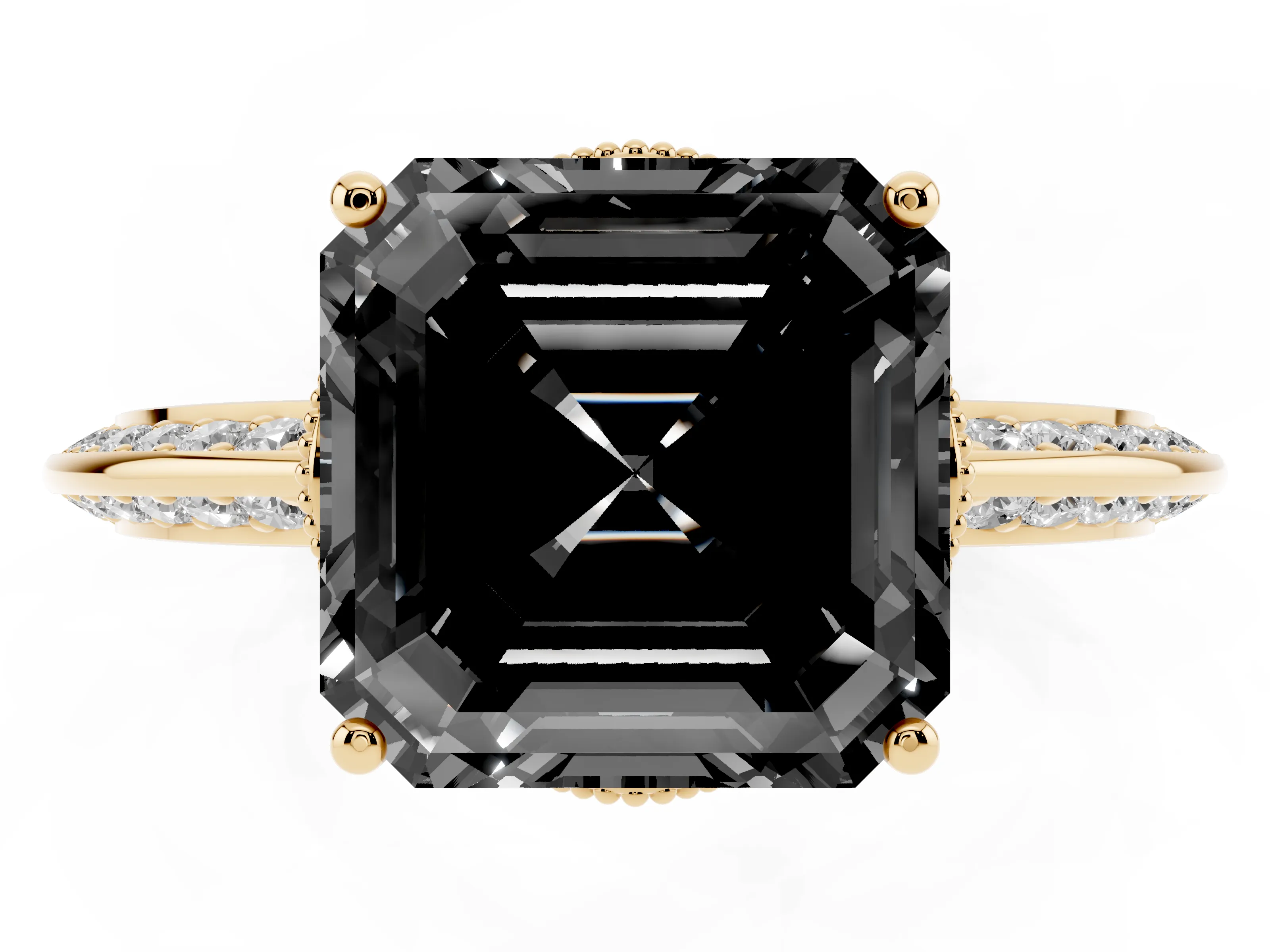 Fancy Black Asscher Cut Diamond Solitaire Engagement Ring Set in Yellow gold with Pavé Split Shank and Prong Setting