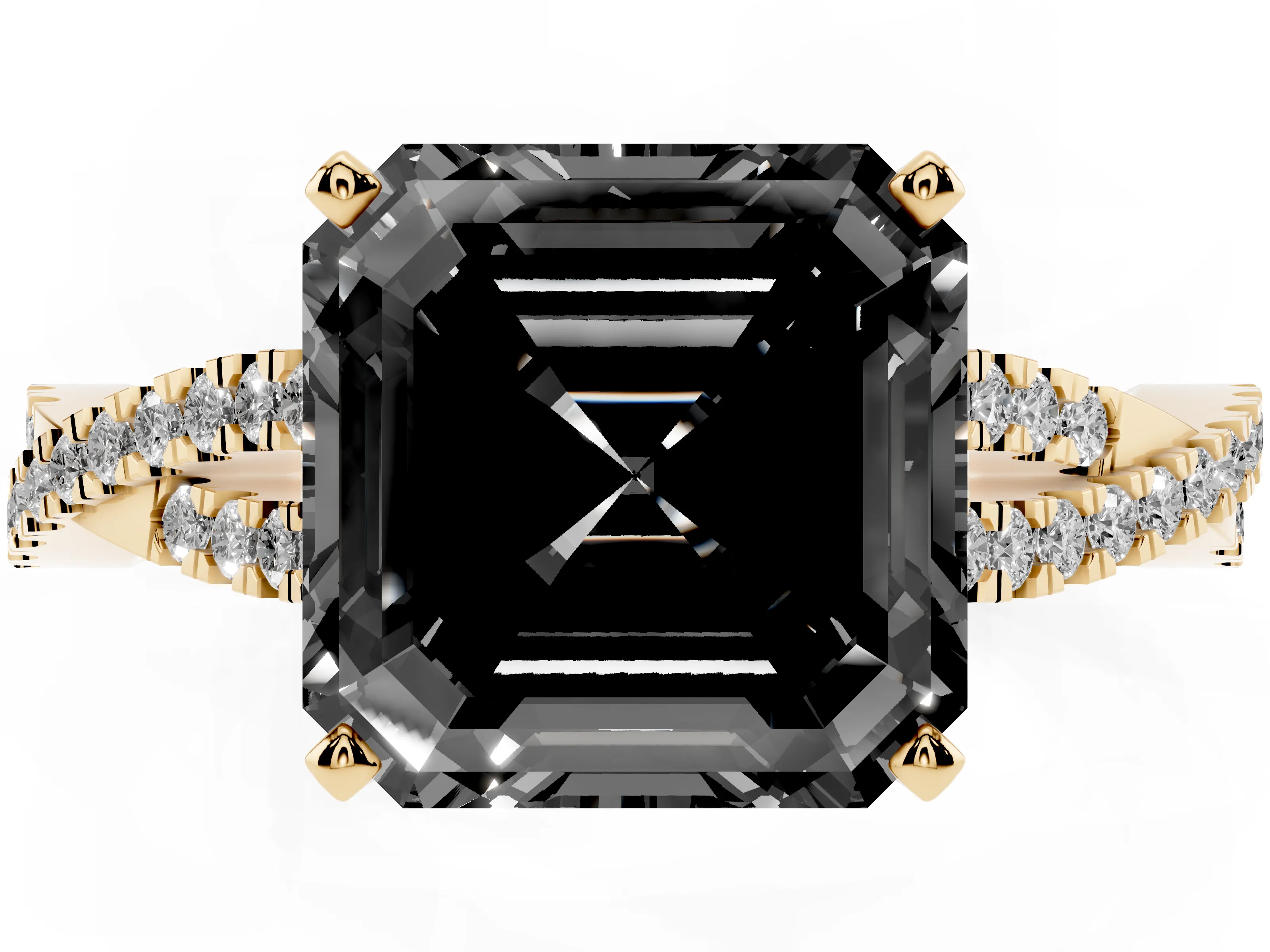 Fancy Black Asscher Cut Diamond Solitaire Engagement Ring Set in Yellow gold with Twisted Pavé Band and Prong Setting