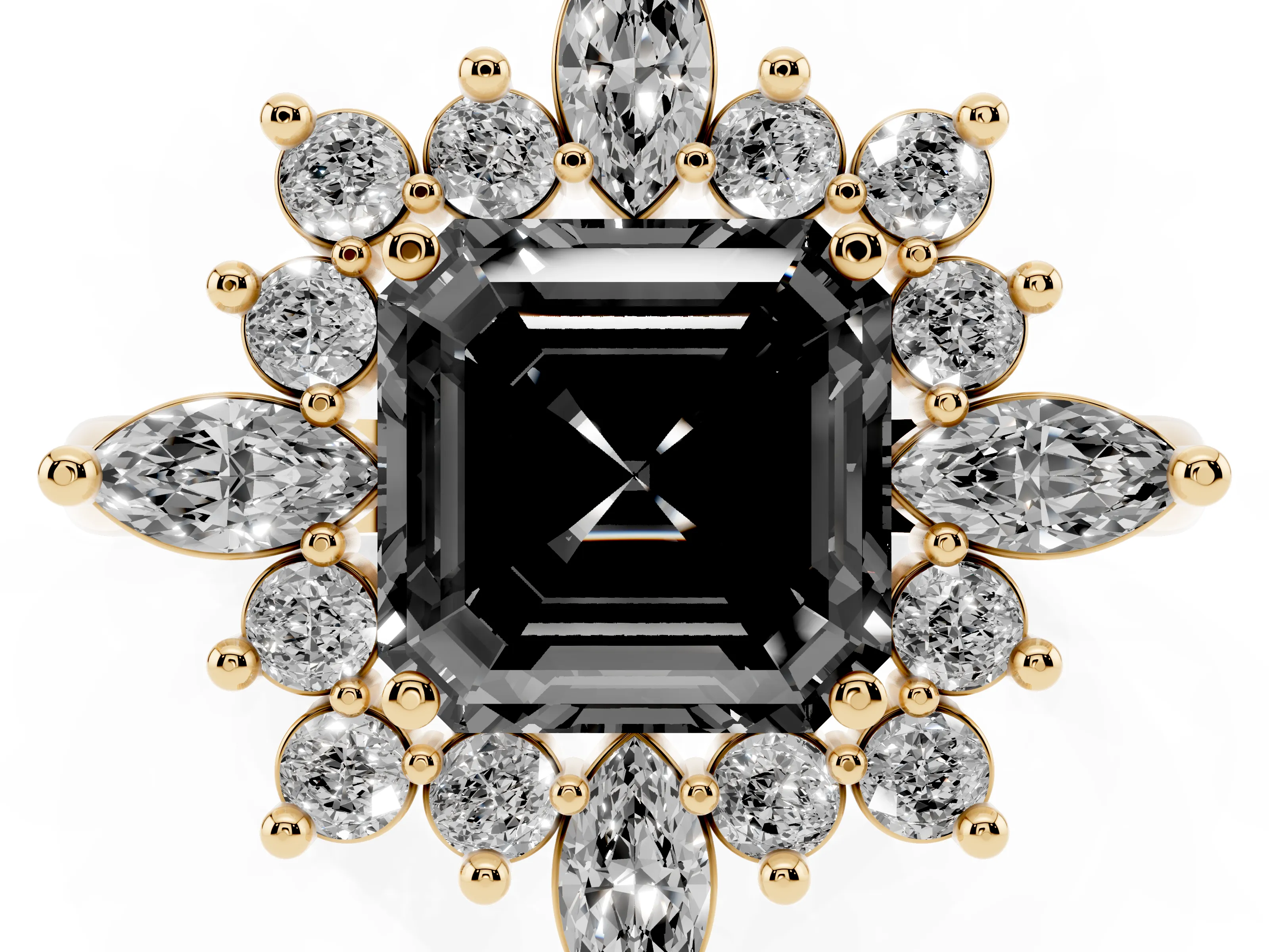 Fancy Black Asscher Cut Diamond Cluster Halo Ring Set in Yellow gold with Marquise and Round Accents