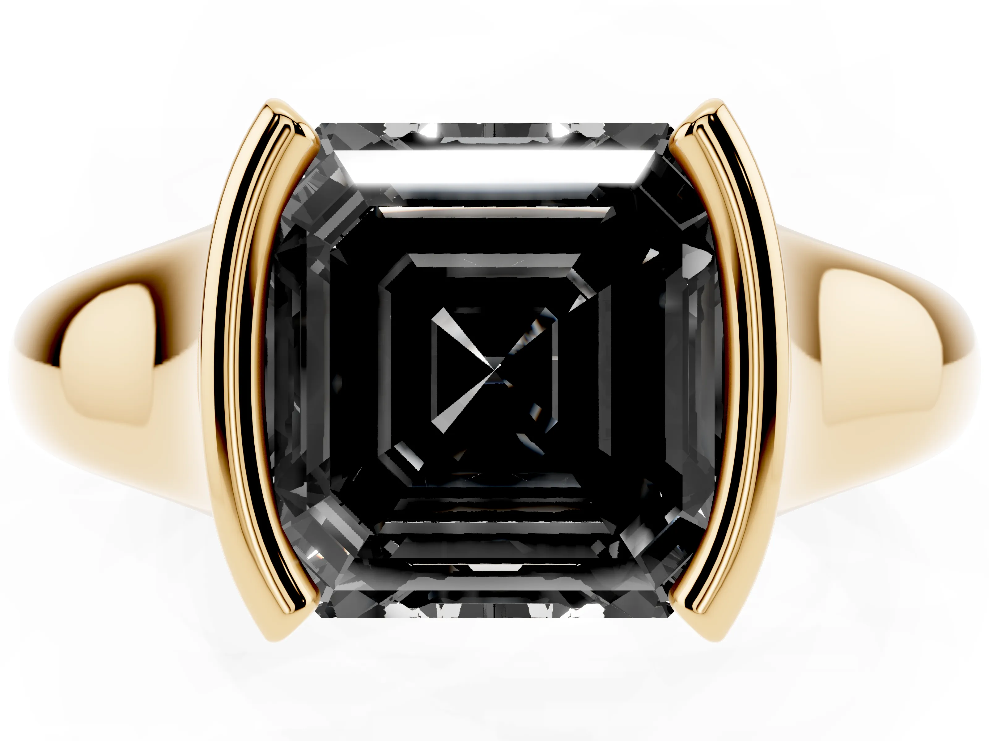 Fancy Black Asscher Cut Diamond Solitaire Tension Set Ring Set in Yellow gold with Split Shank Band