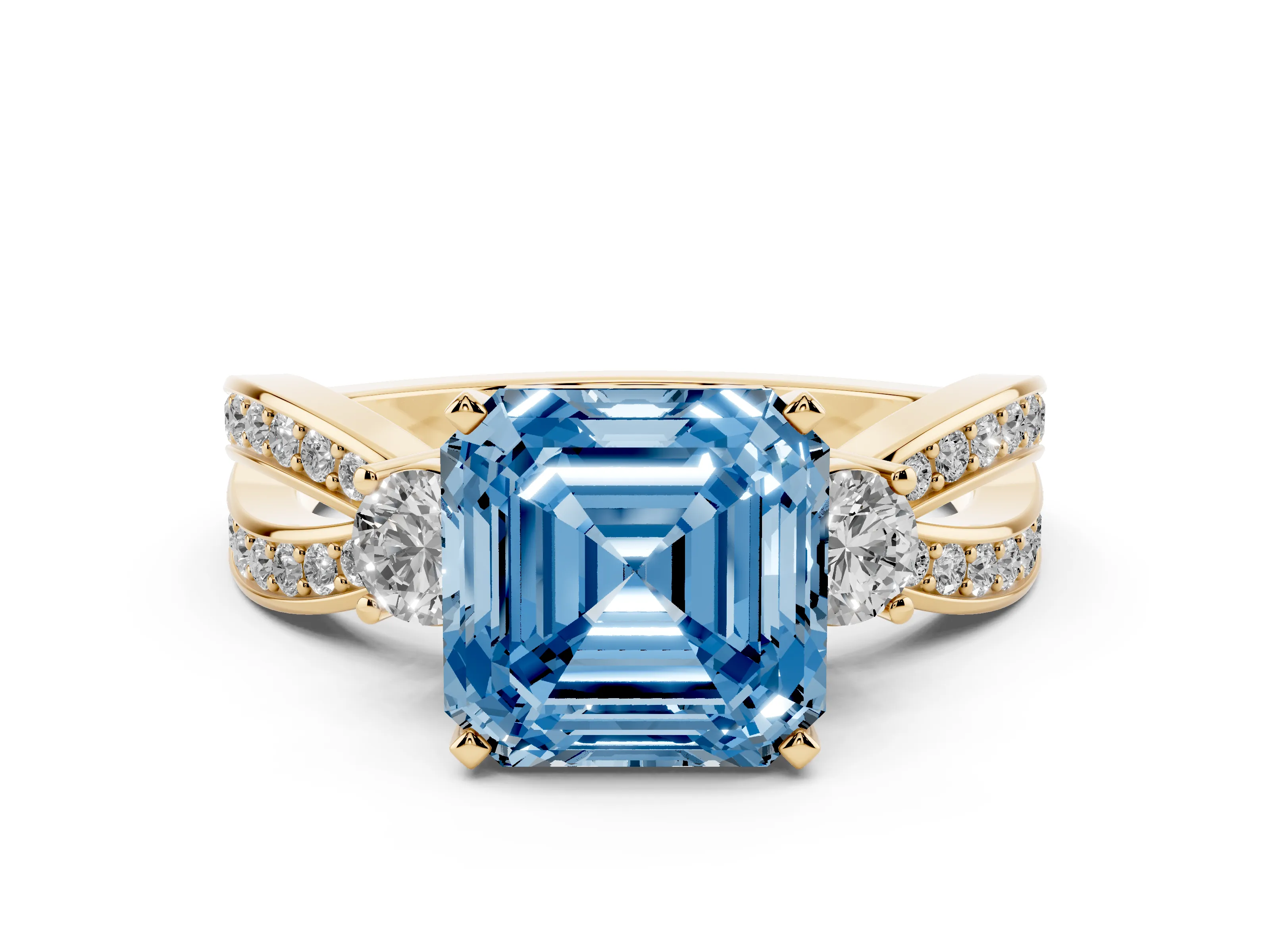 Fancy Blue Three-Stone Asscher Cut Diamond Twist Band Ring Set in Yellow gold with Pavé Accents and Prong Setting