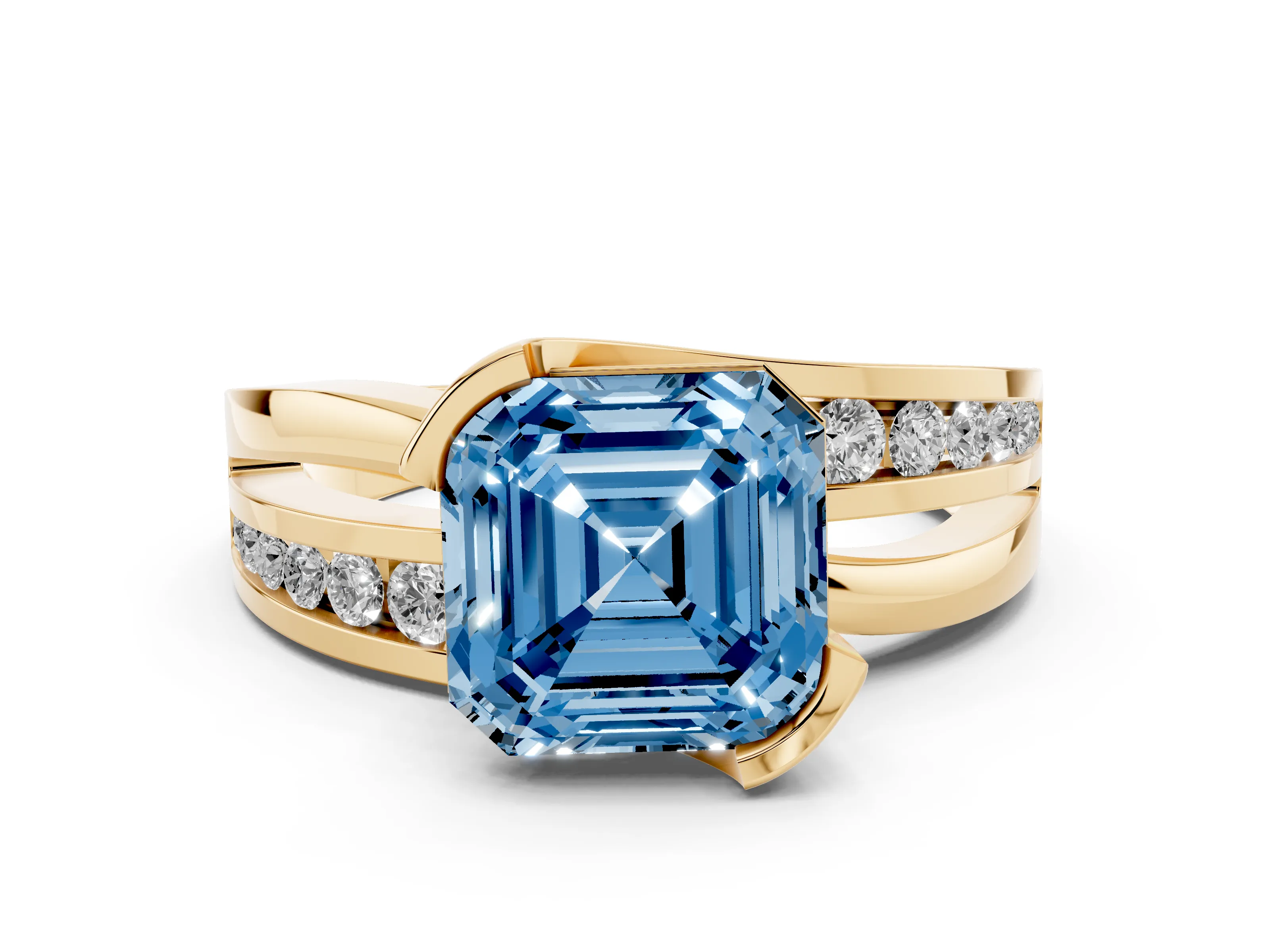Fancy Blue Asscher Cut Diamond Solitaire Ring Set in Yellow gold with Channel Set Split Shank and Tension Prongs