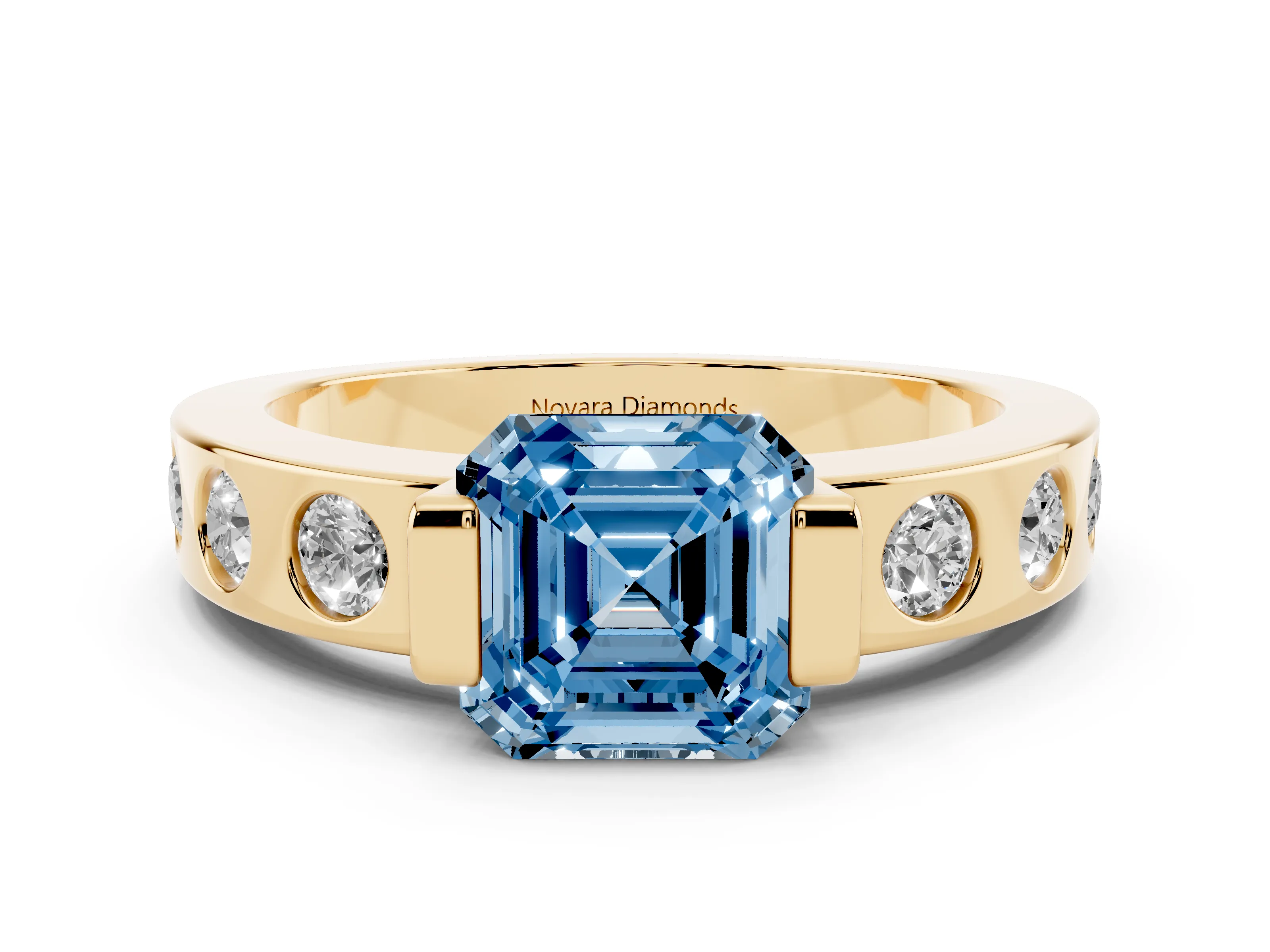 Fancy Blue Asscher Cut Diamond Channel-Set Band Ring Set in Yellow gold with Bezel Prong Setting