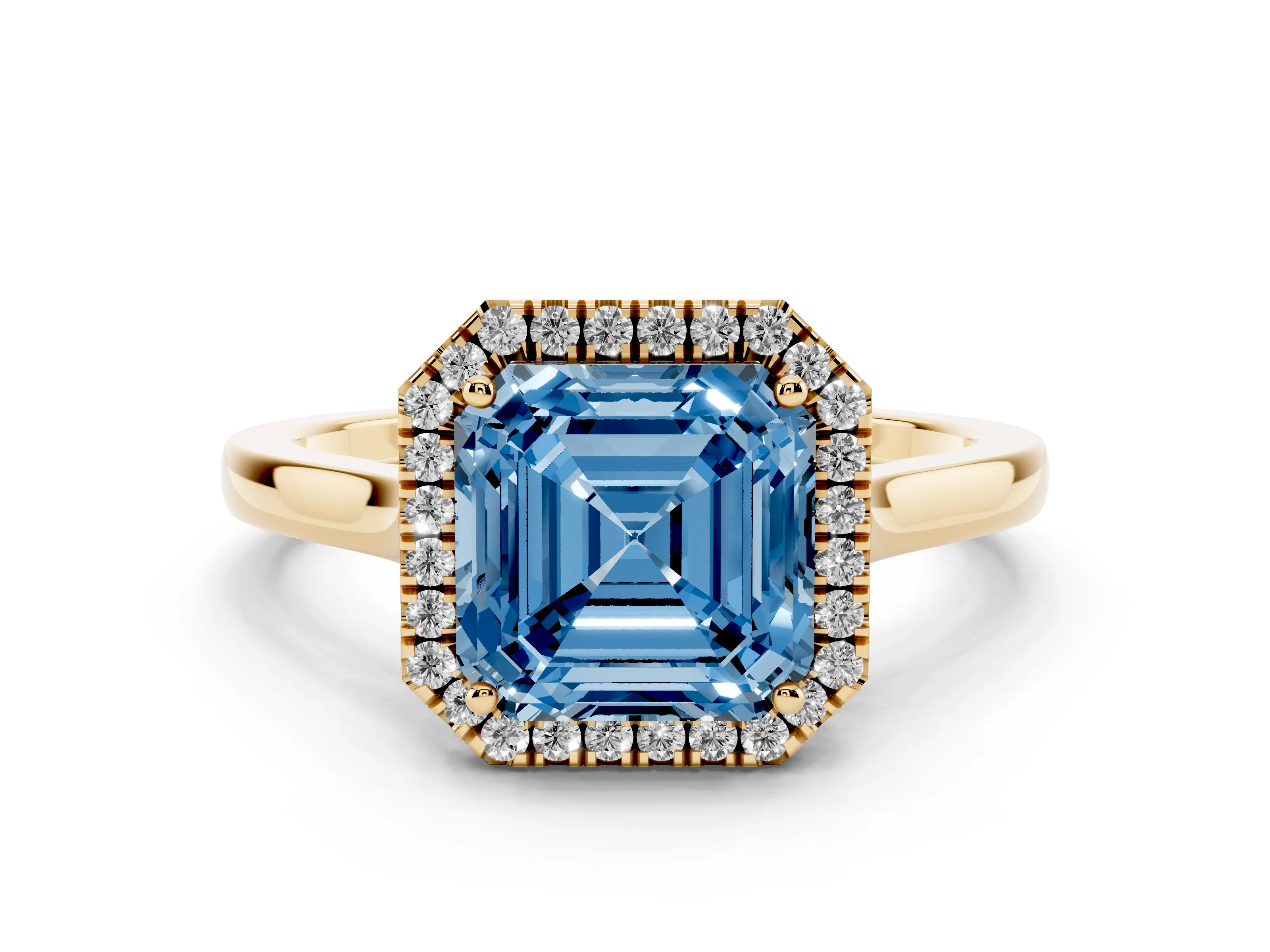 Fancy Blue Asscher Cut Halo Round Diamond Solitaire Ring Set in Yellow gold with Pavé Band and Prong Setting