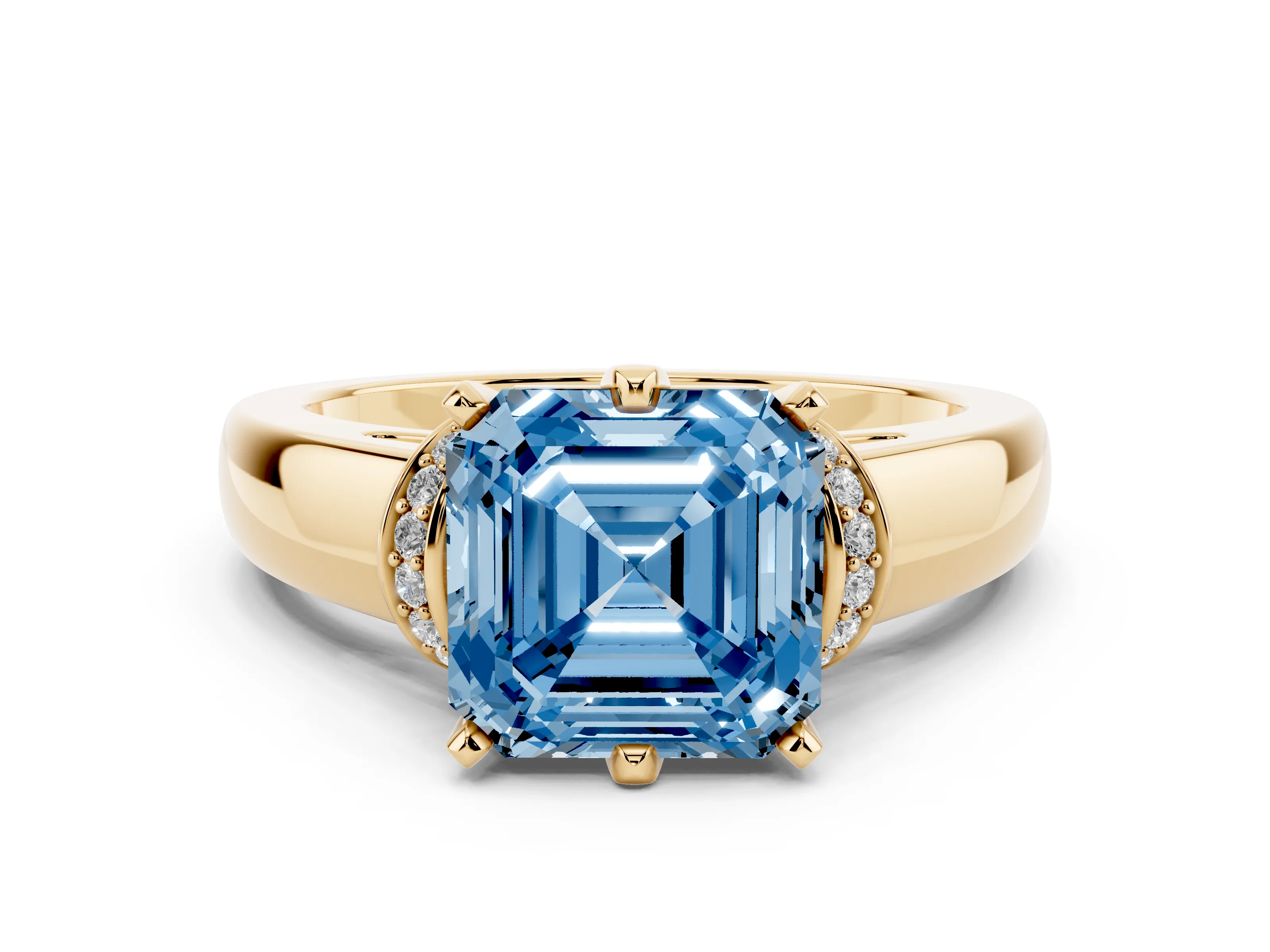 Fancy Blue Asscher Cut Diamond Pavé Band Solitaire Ring Set in Yellow gold with Prong Setting