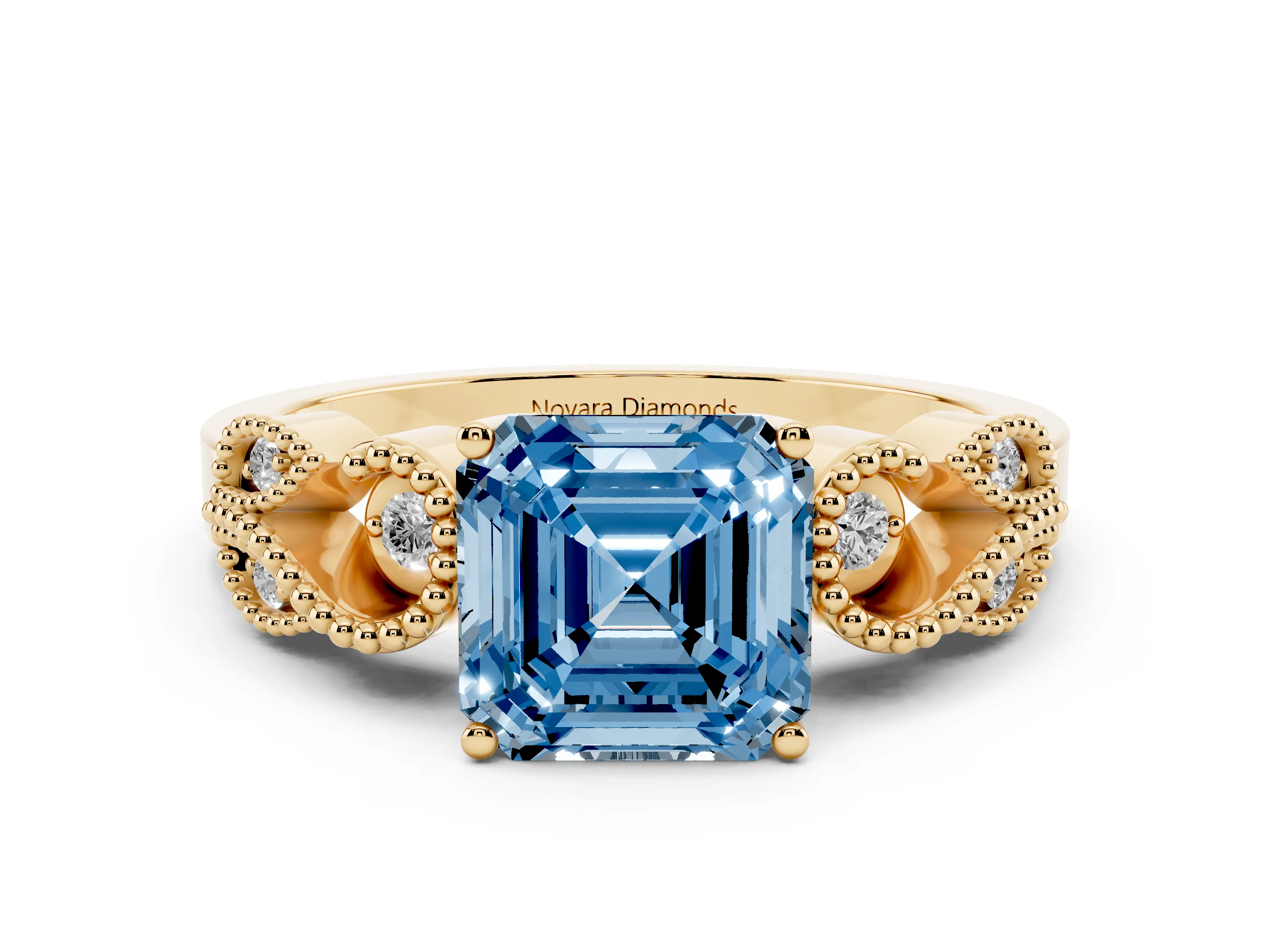 Fancy Blue Asscher Cut Diamond Milgrain Leaf Band Solitaire Ring Set in Yellow gold with Accent Stones and Prong Setting