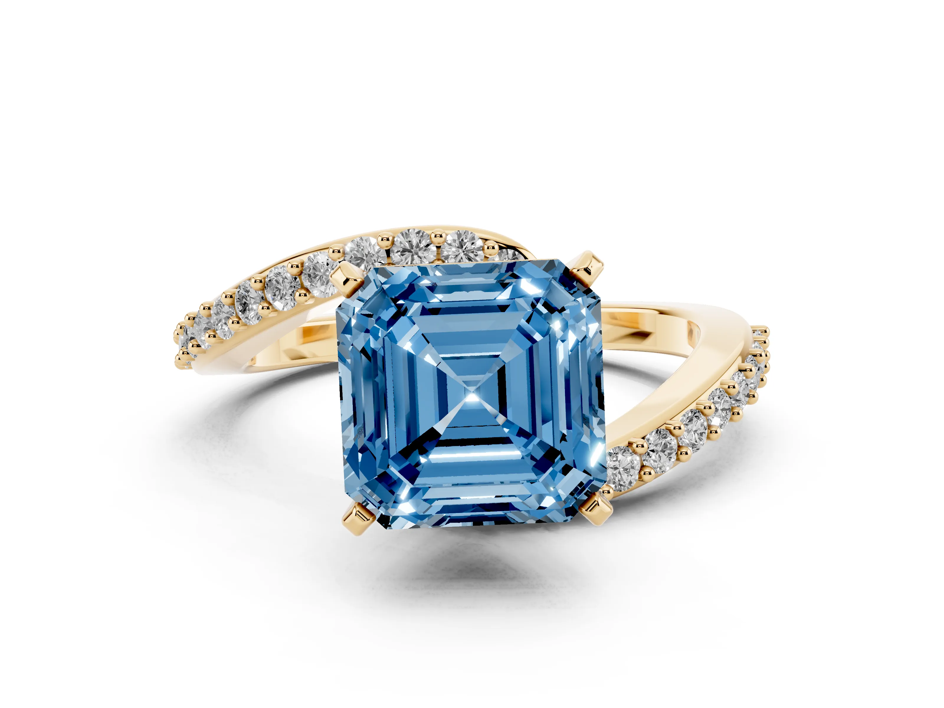 Fancy Blue Asscher Cut Diamond Solitaire Ring Set in Yellow gold with Pavé Twist Band and Prong Setting