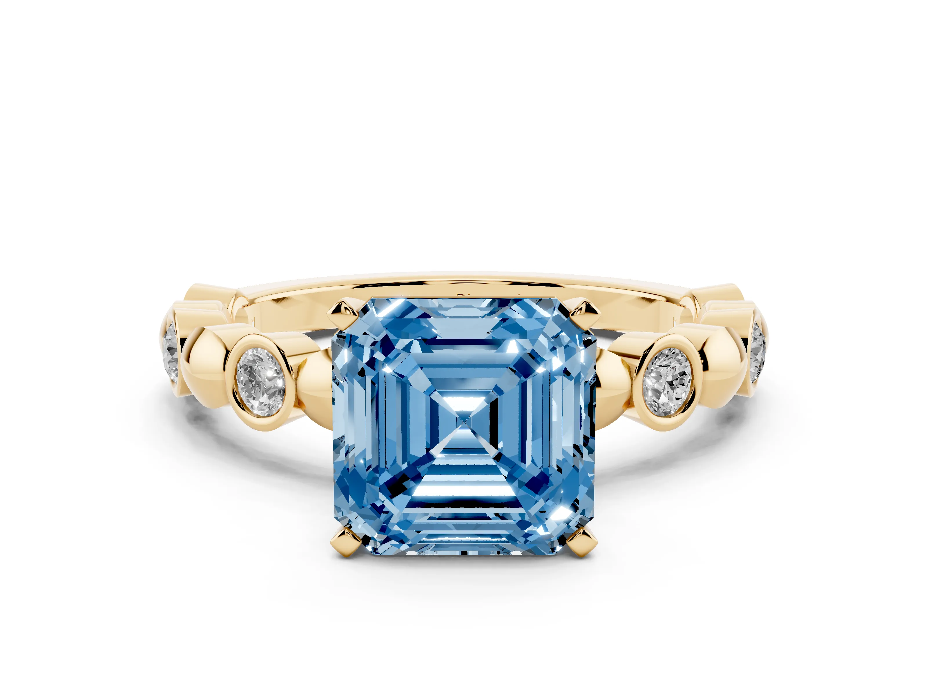 Fancy Blue Asscher Cut Diamond Solitaire Ring Set in Yellow gold with Bezel-Set Accents on Beaded Band and Prong Setting