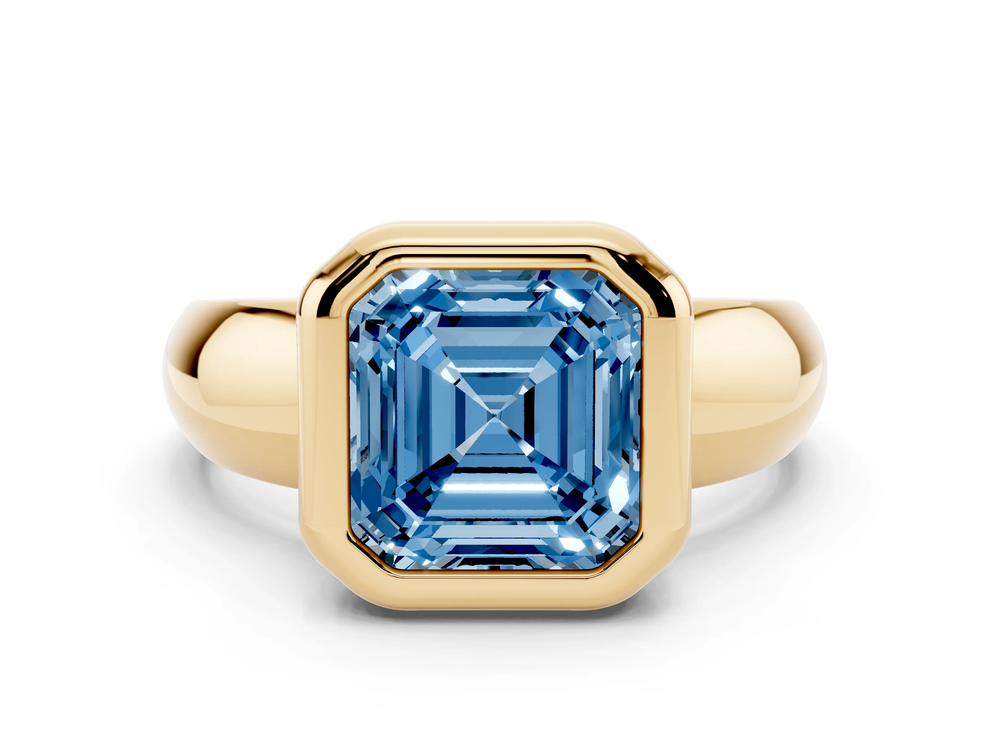 Fancy Blue Bezel Set Asscher Cut Diamond Solitaire Ring Set in Yellow gold with Wide Band