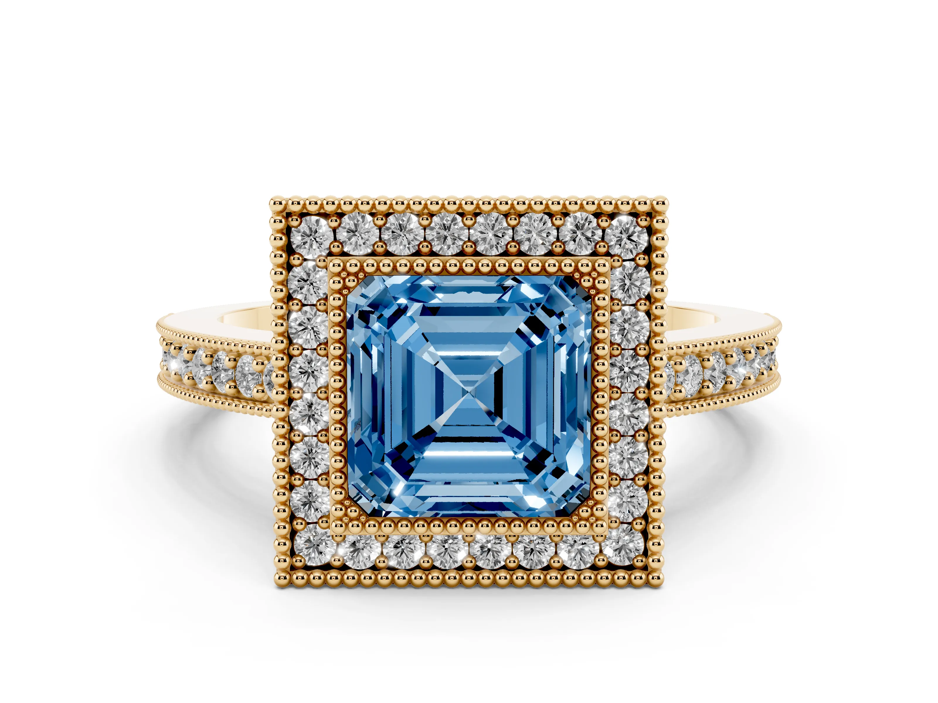Fancy Blue Asscher Cut Diamond Halo Engagement Ring Set in Yellow gold with Pavé Band and Round Halo Stones