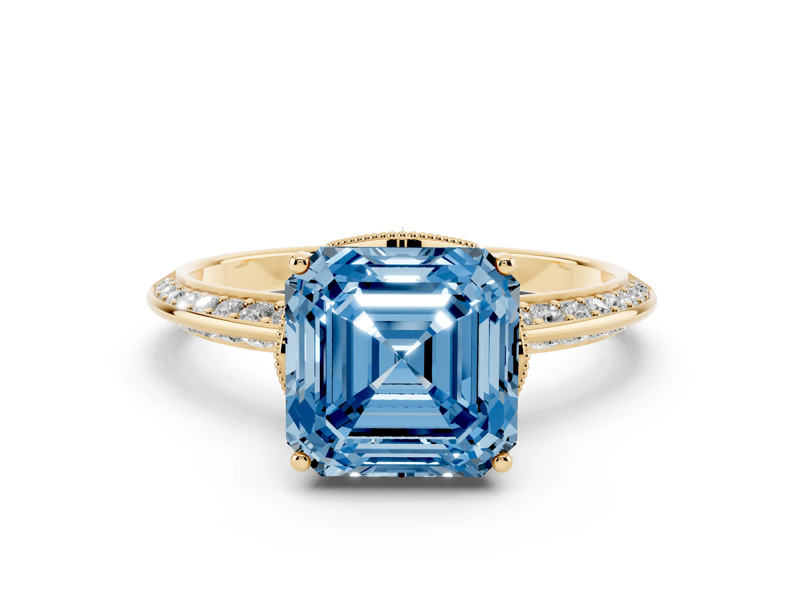 Fancy Blue Asscher Cut Diamond Solitaire Engagement Ring Set in Yellow gold with Pavé Split Shank and Prong Setting