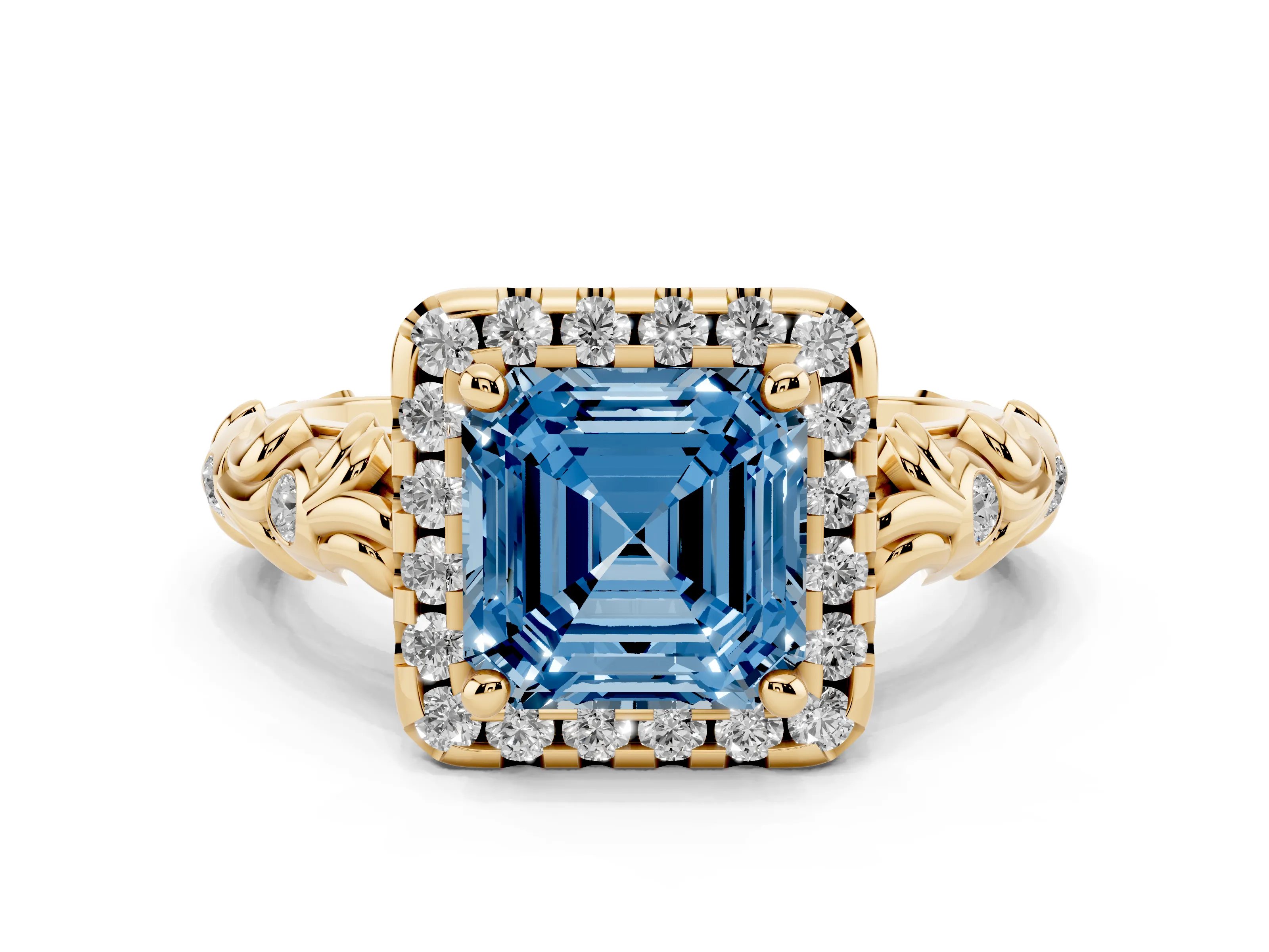 Fancy Blue Asscher Cut Diamond Halo Ring Set in Yellow gold with Filigree Leaf Band and Prong Setting