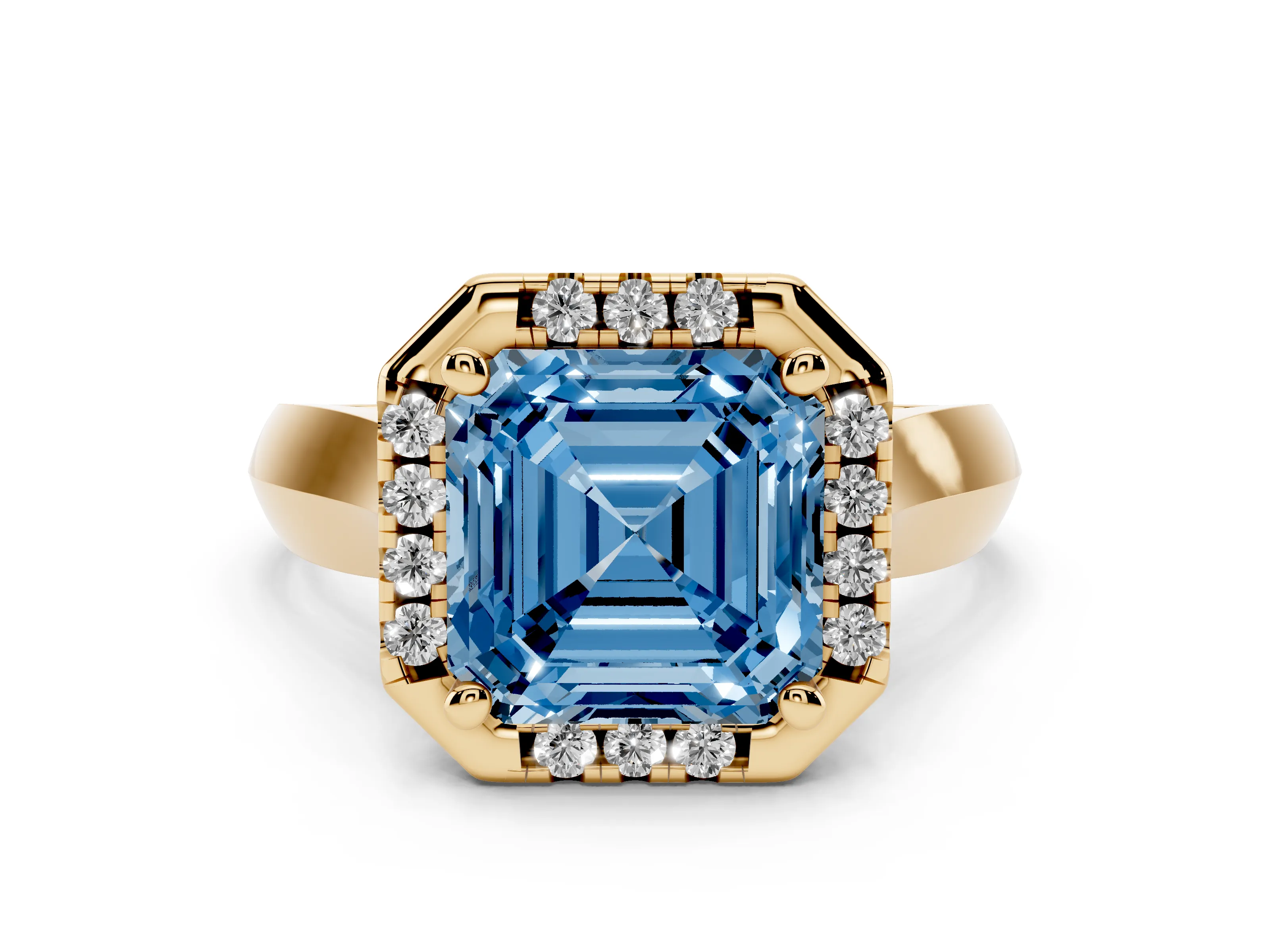 Fancy Blue Asscher Cut Diamond Halo Solitaire Engagement Ring Set in Yellow gold with Square Band and Prong Setting