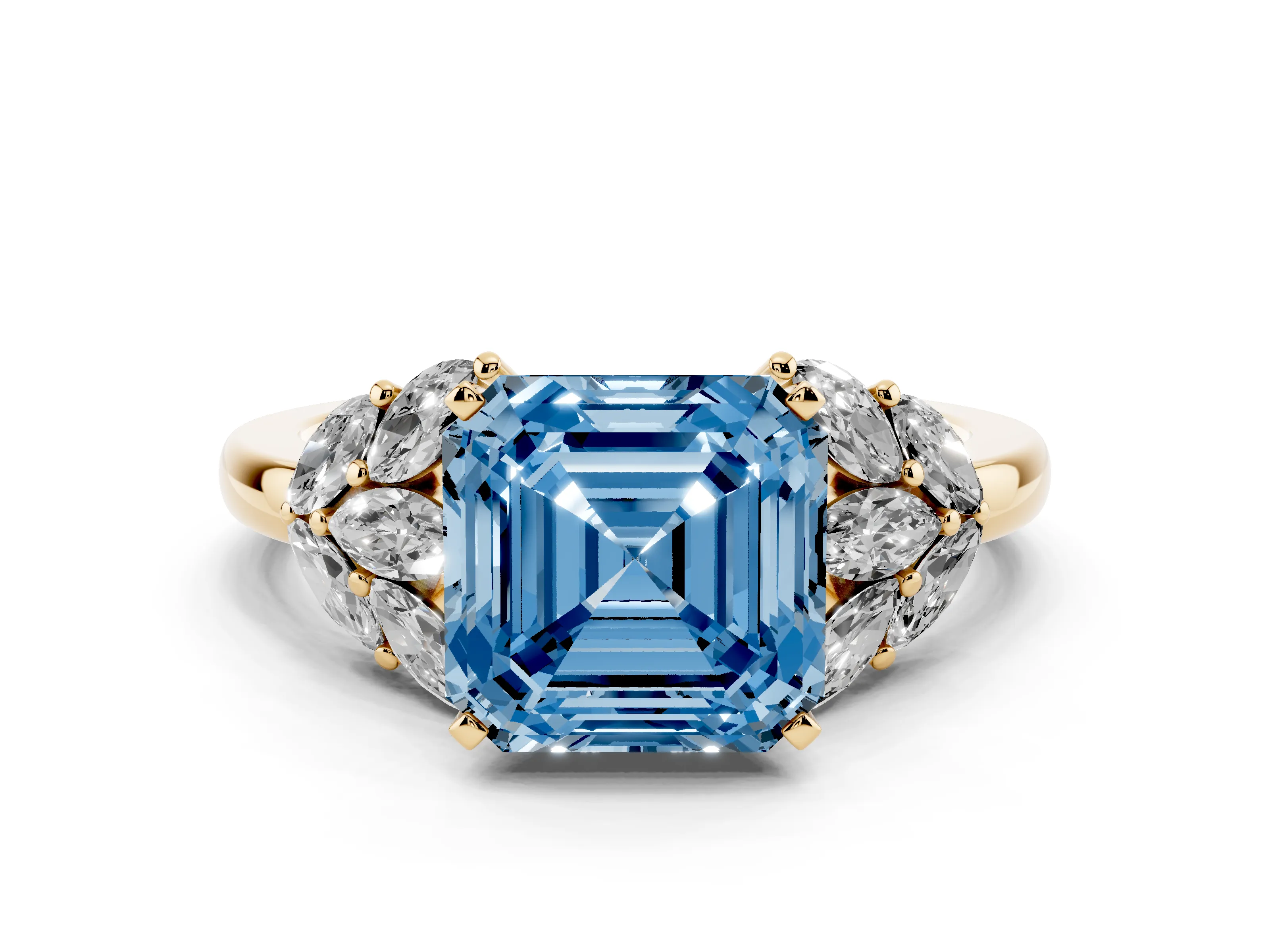 Fancy Blue Asscher Cut Diamond Cluster Leaf Design Ring Set in Yellow gold with Prong Setting