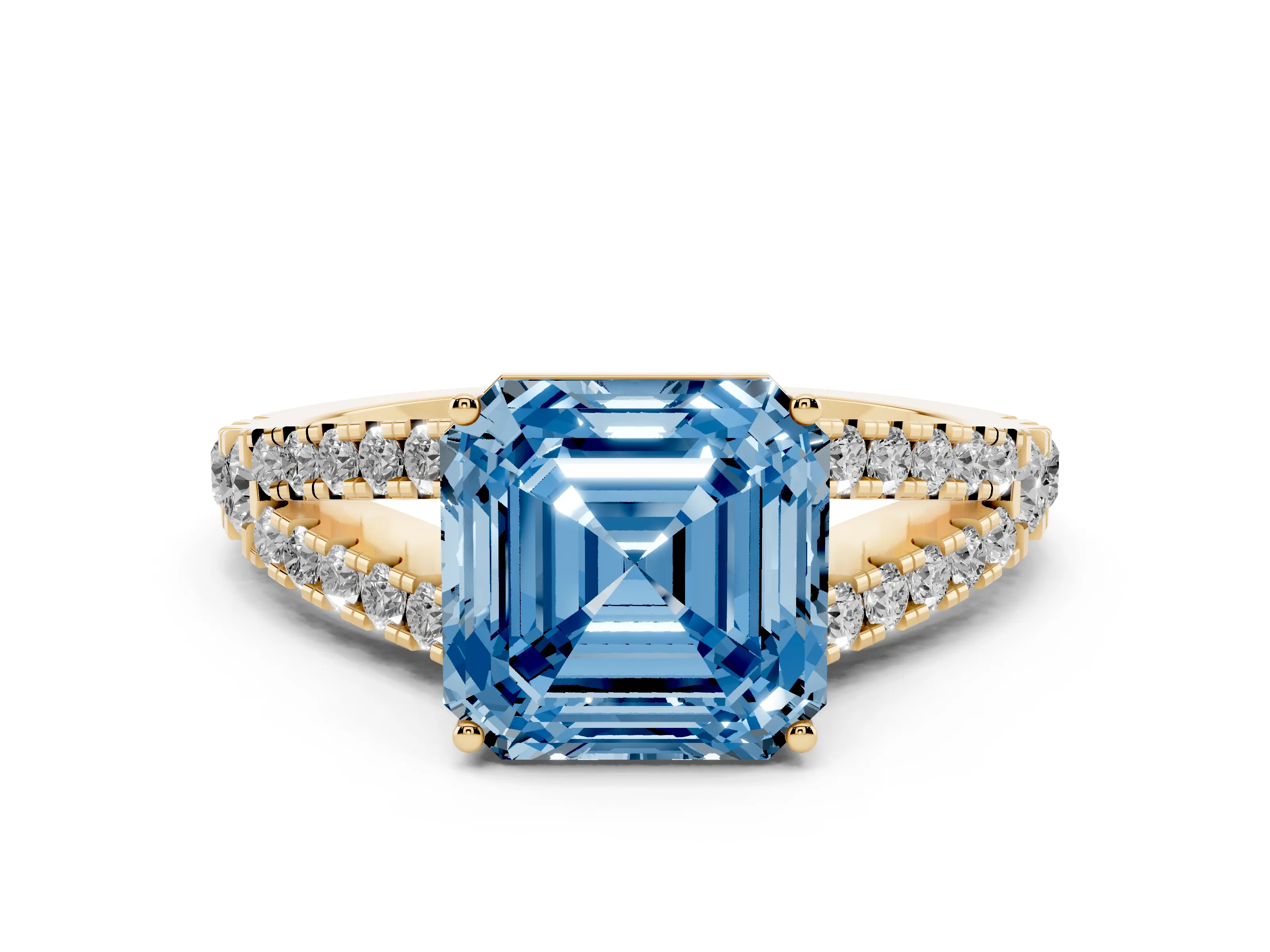 Fancy Blue Asscher Cut Diamond Split Shank Pavé Engagement Ring Set in Yellow gold with Prong-Held Center Stone