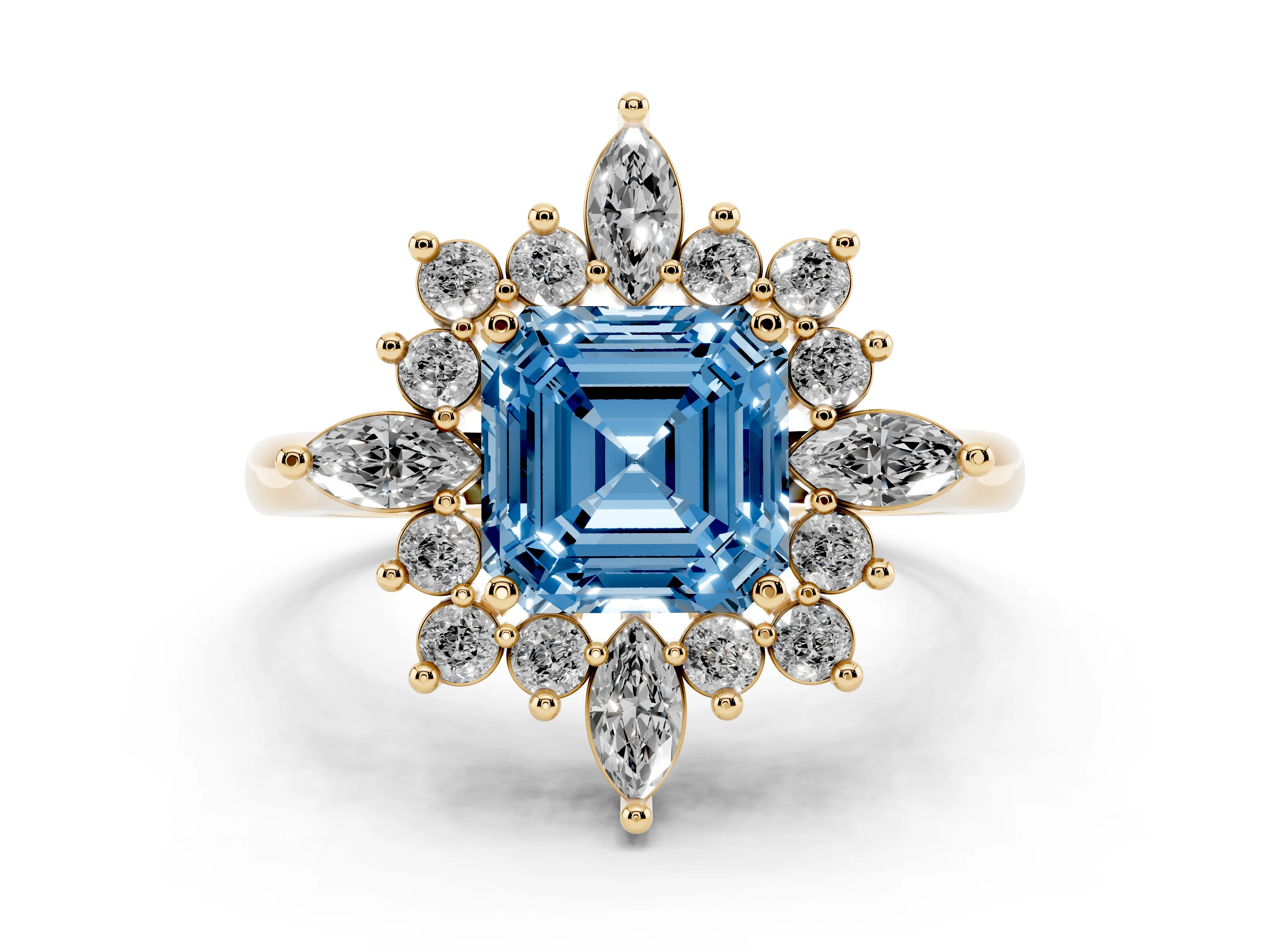 Fancy Blue Asscher Cut Diamond Cluster Halo Ring Set in Yellow gold with Marquise and Round Accents