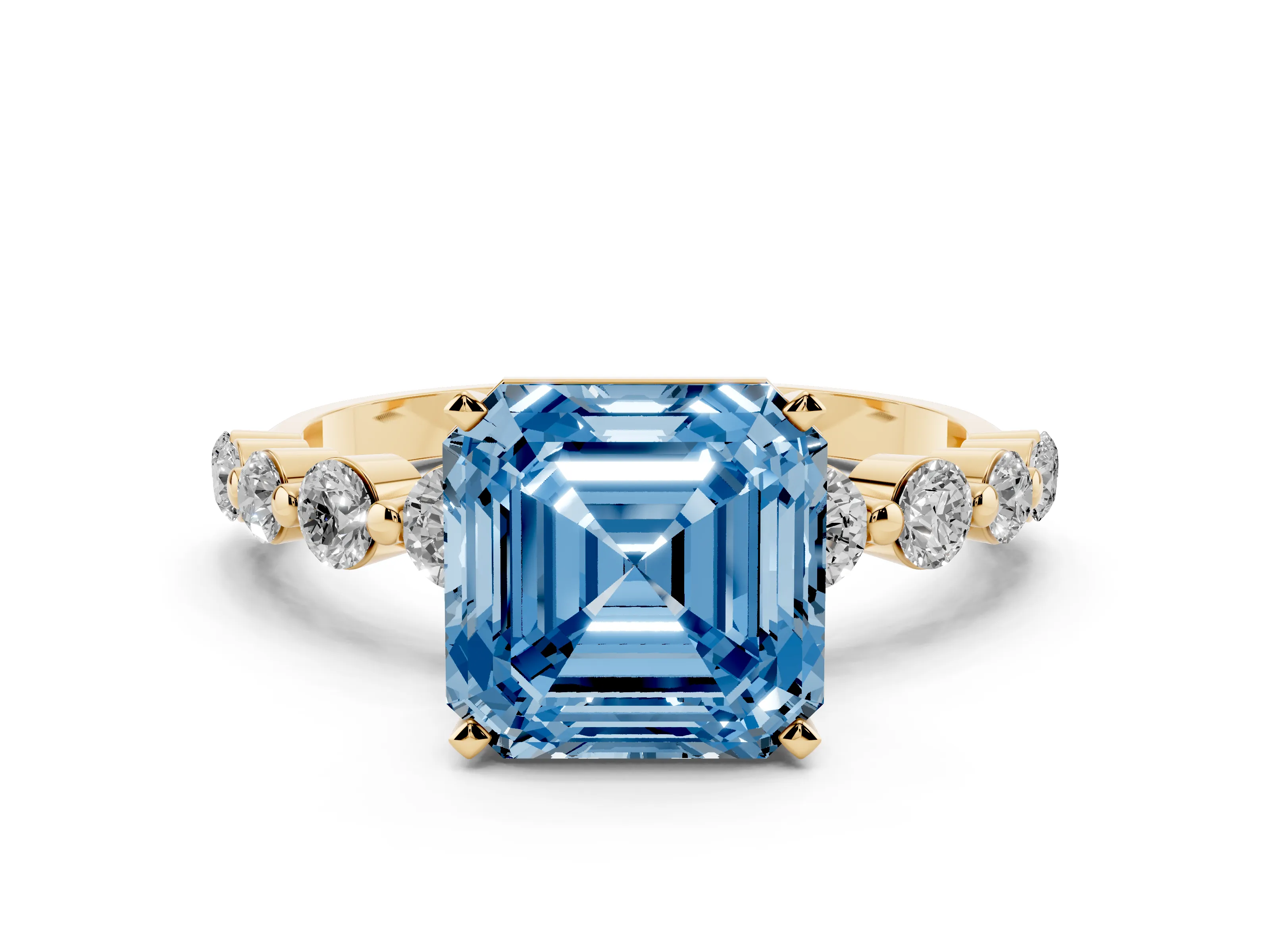 Fancy Blue Asscher Cut Diamond Solitaire Ring Set in Yellow gold with Pavé Band and Prong Setting