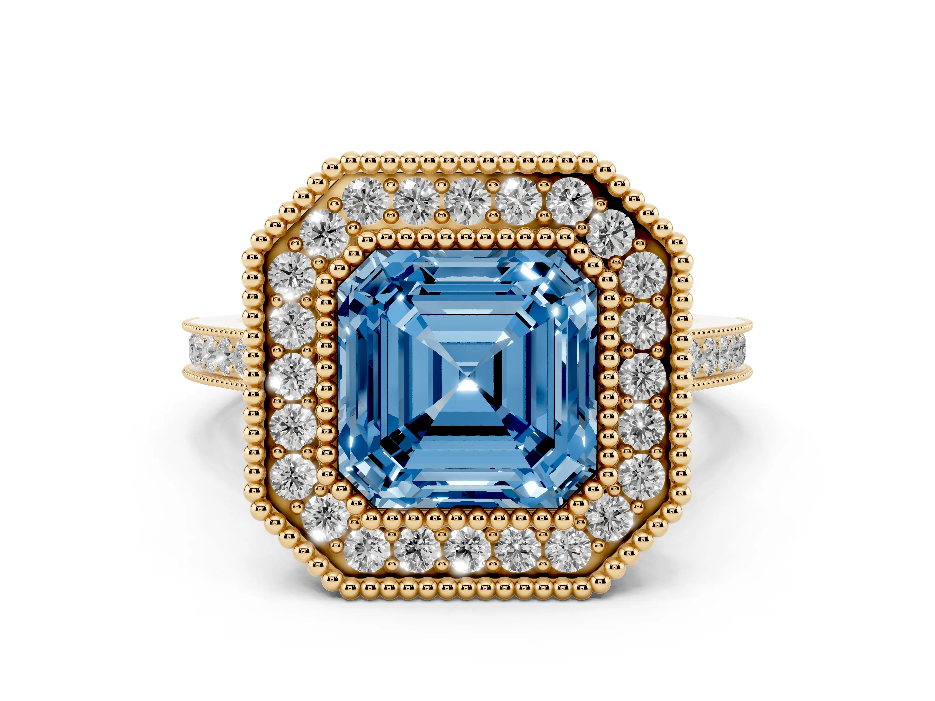 Fancy Blue Asscher Cut Diamond Halo Ring Set in Yellow gold with Milgrain Frame and Pavé Band