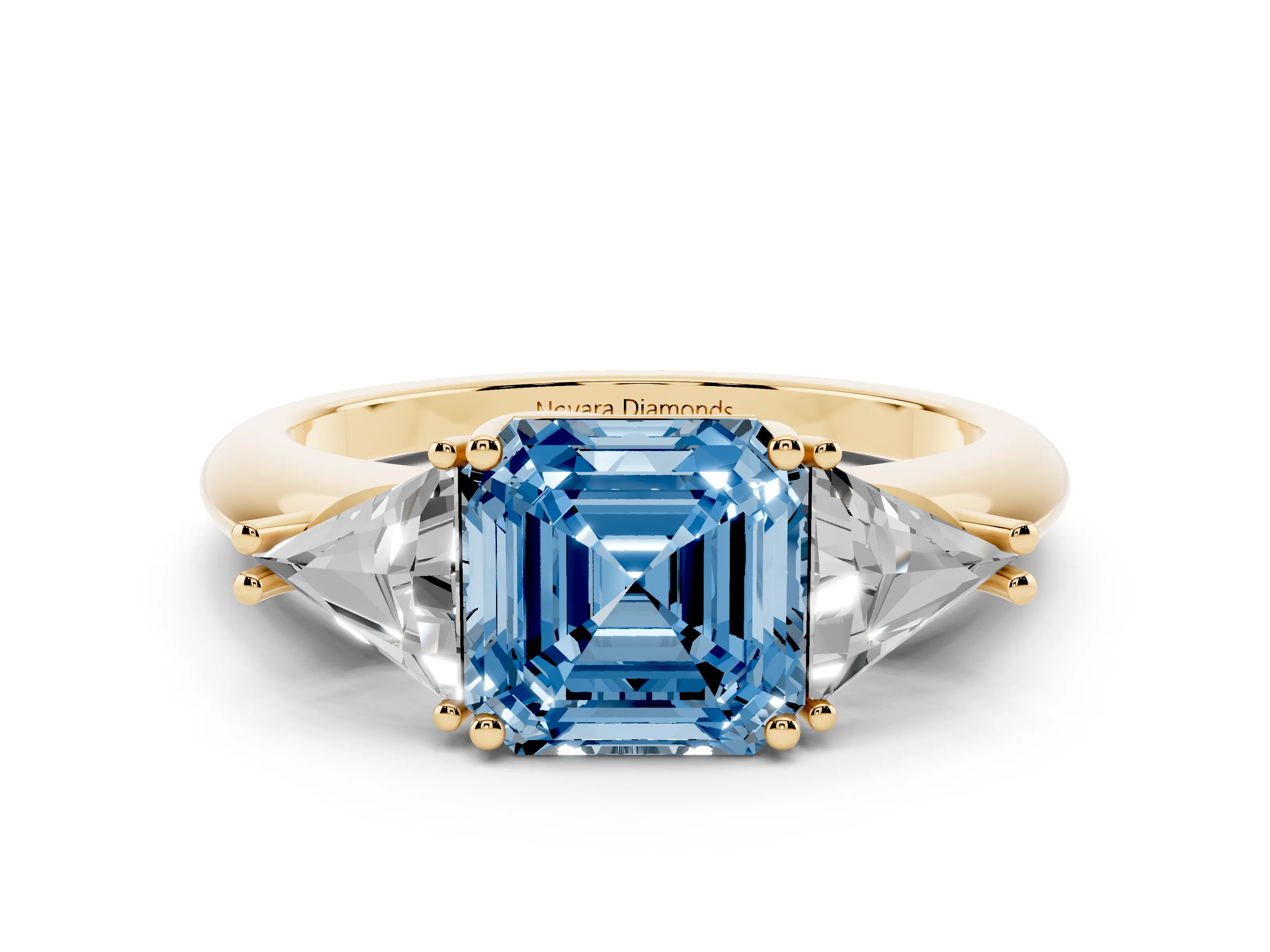 Fancy Blue Asscher Cut Diamond Three-Stone Engagement Ring Set in Yellow gold with Trillion Side Stones