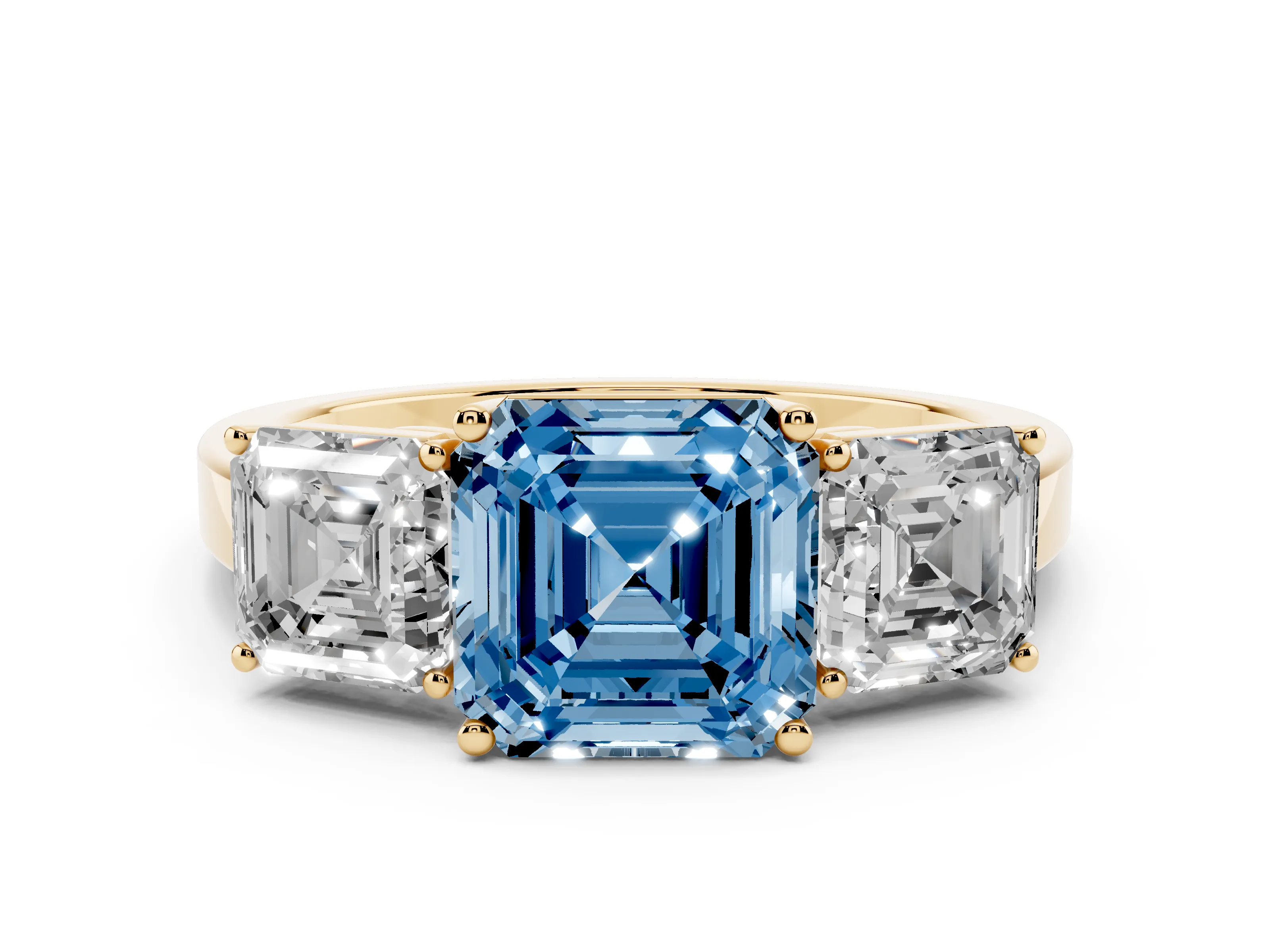 Fancy Blue Asscher Cut Diamond Three-Stone Engagement Ring Set in Yellow gold with Flat Band
