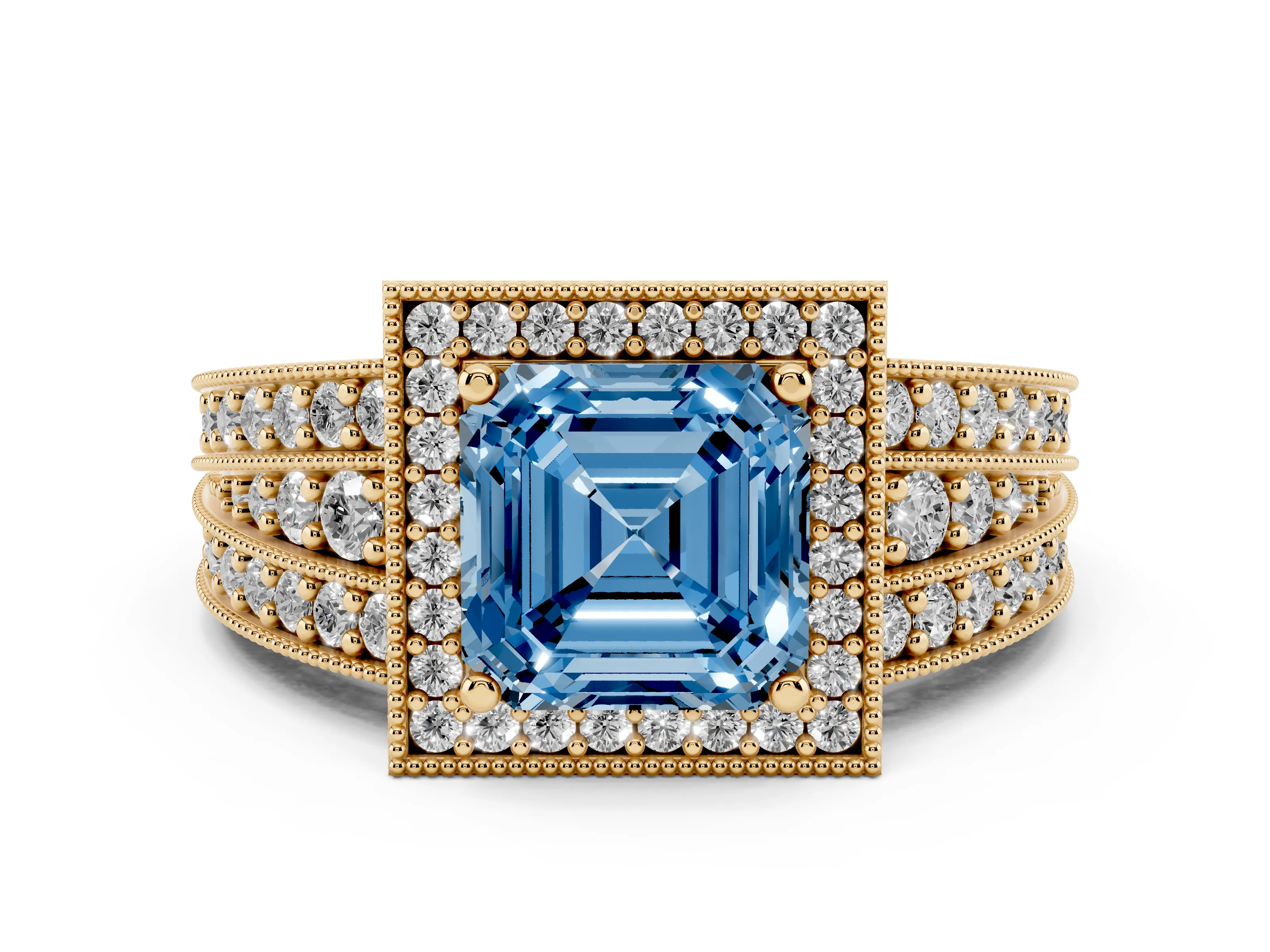 Fancy Blue Asscher Cut Diamond Halo Ring Set in Yellow gold with Accent Split Shank and Prong Setting