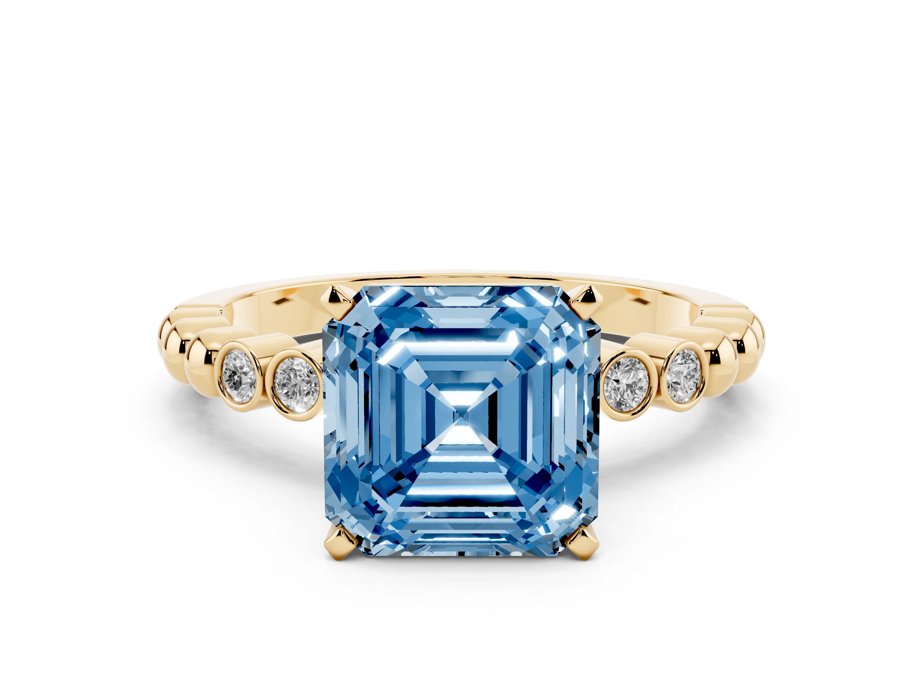 Fancy Blue Asscher Cut Diamond Solitaire Engagement Ring Set in Yellow gold with Bezel Accents on Beaded Band