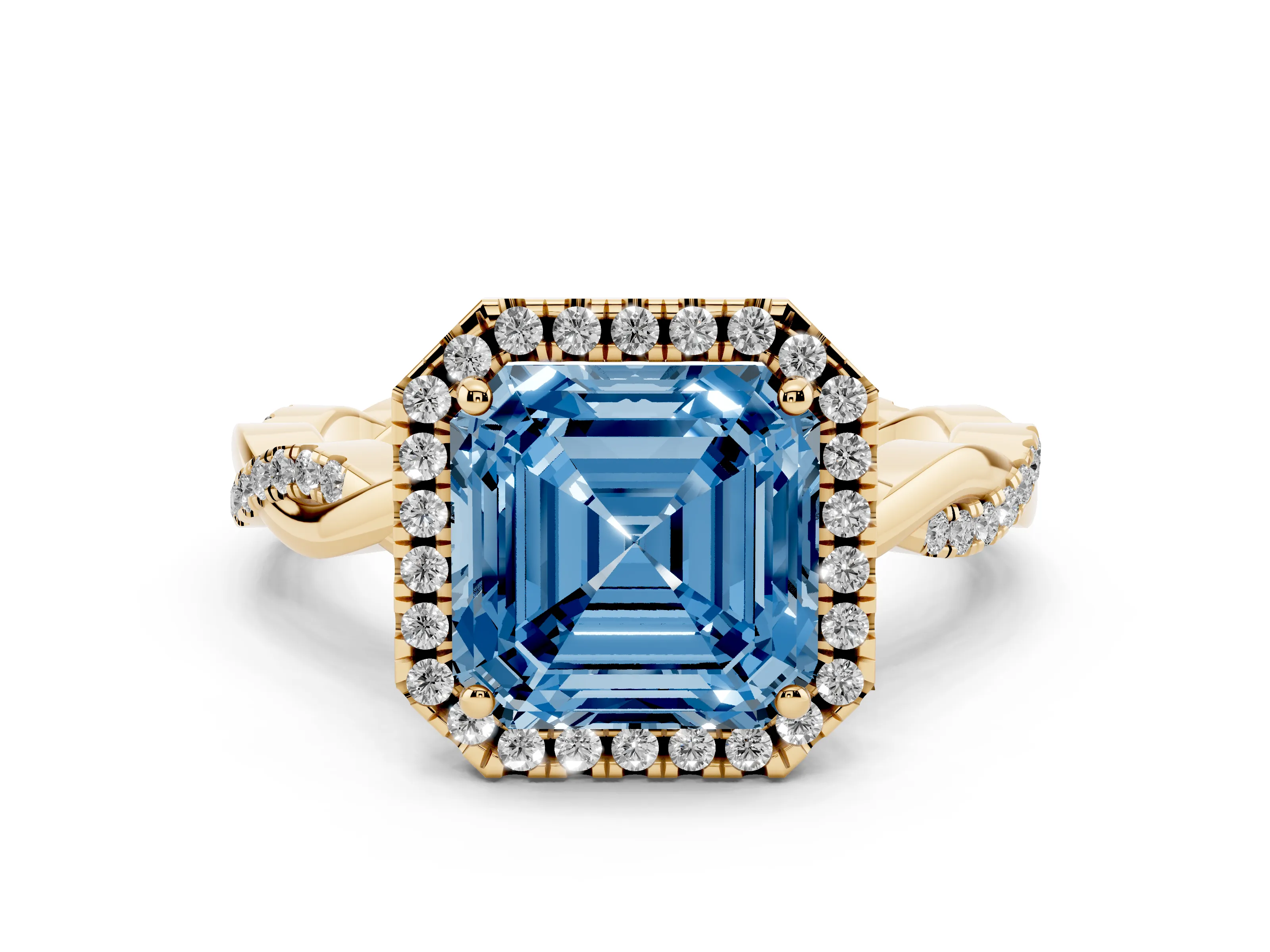 Fancy Blue Asscher Cut Diamond Halo Twisted Band Ring Set in Yellow gold with Prong Setting