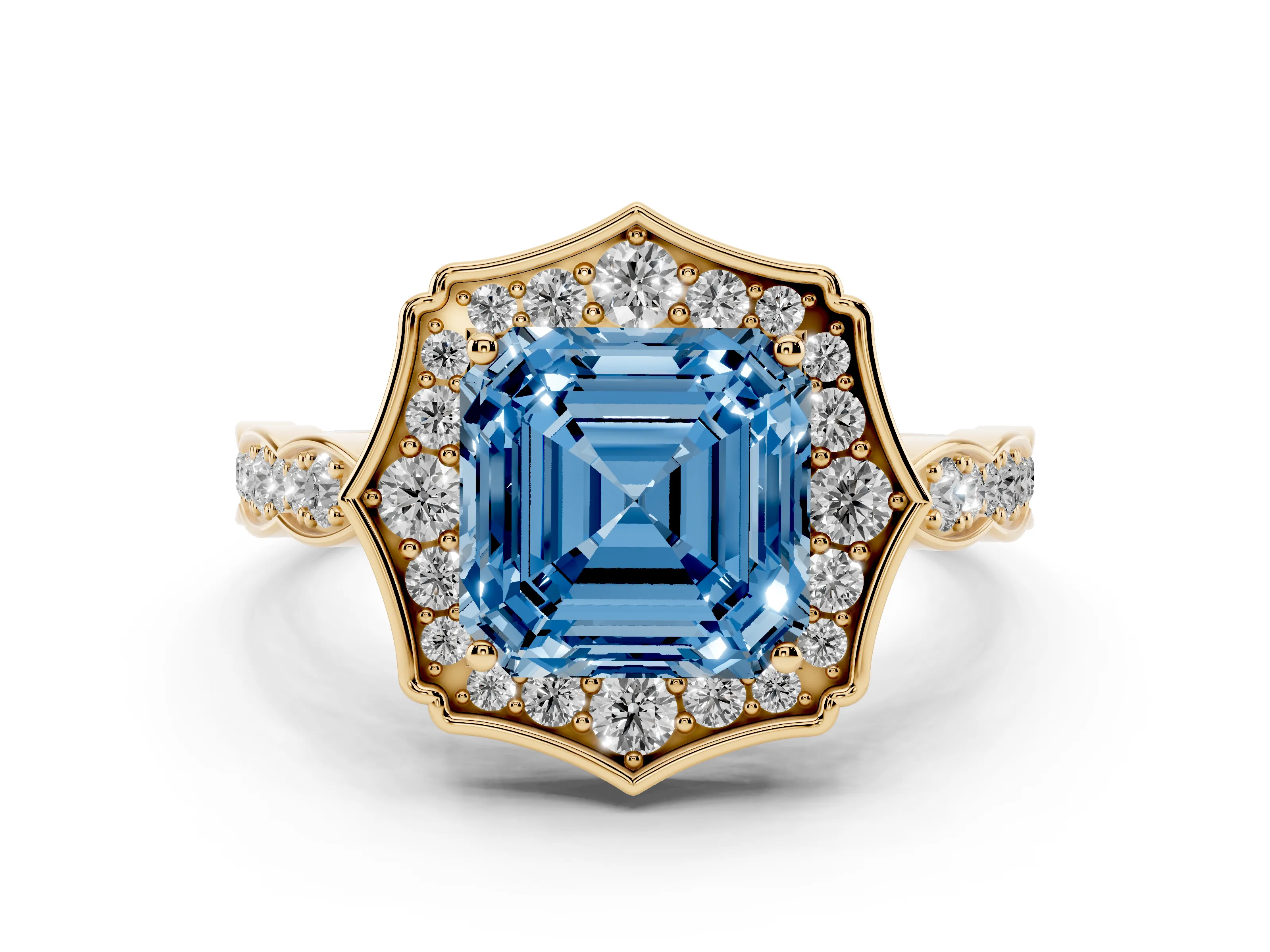 Fancy Blue Asscher Cut Diamond Halo Engagement Ring Set in Yellow gold with Milgrain Band and Prong Setting