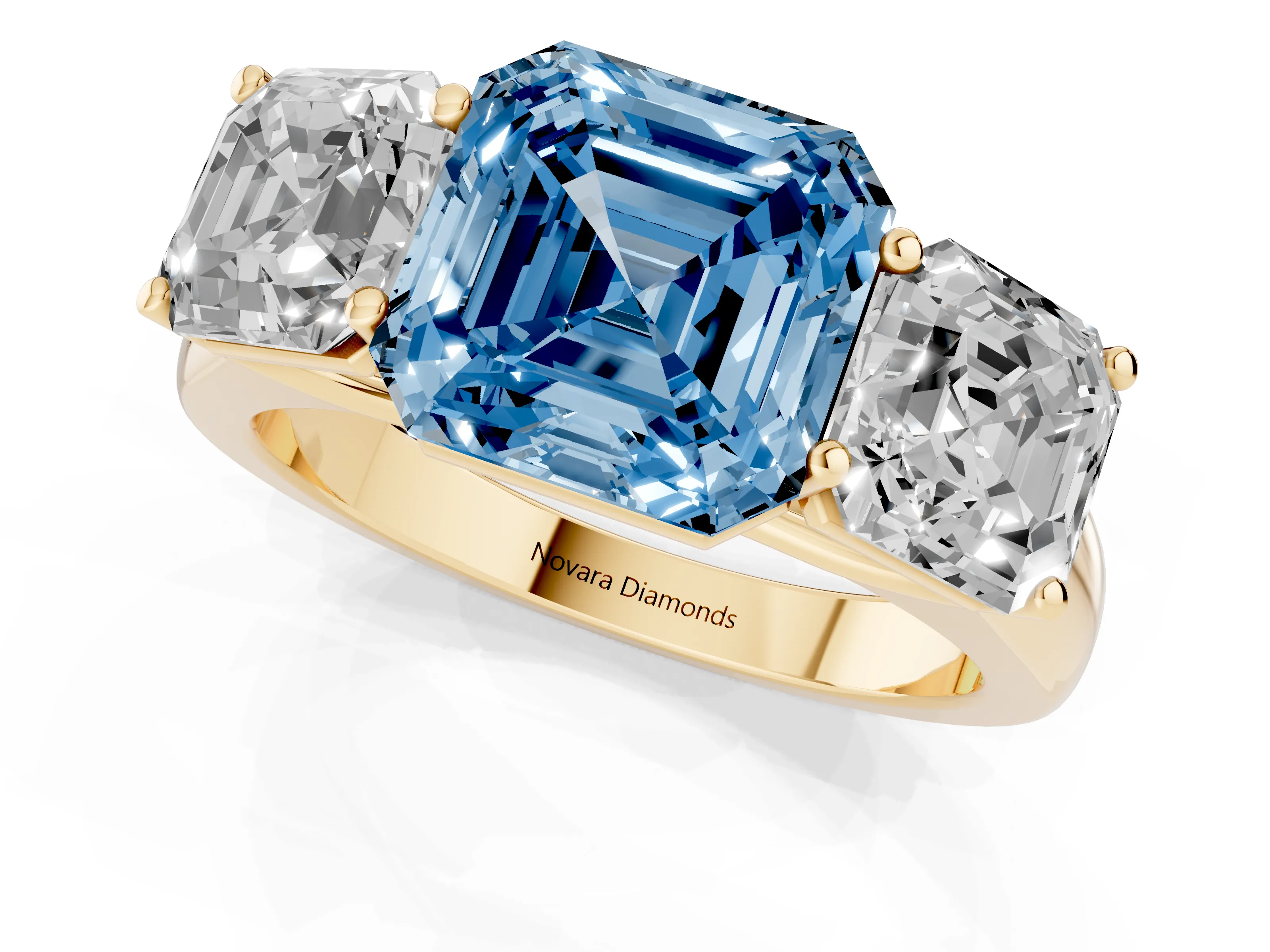 Fancy Blue Asscher Cut Diamond Three-Stone Ring Set in Yellow gold with Plain Polished Band