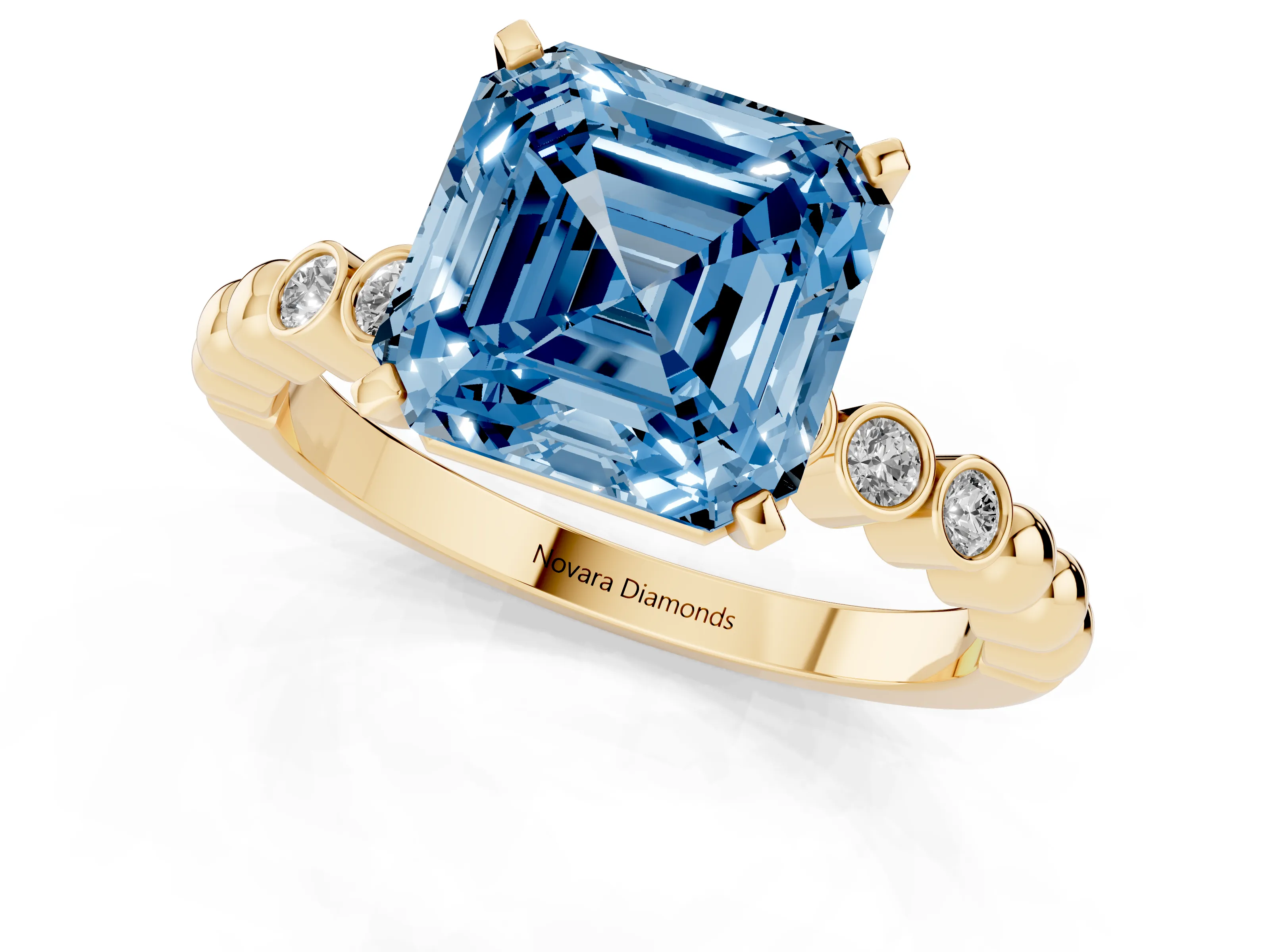 Fancy Blue Asscher Cut Diamond Solitaire Engagement Ring Set in Yellow gold with Bezel Accents on Beaded Band – second view
