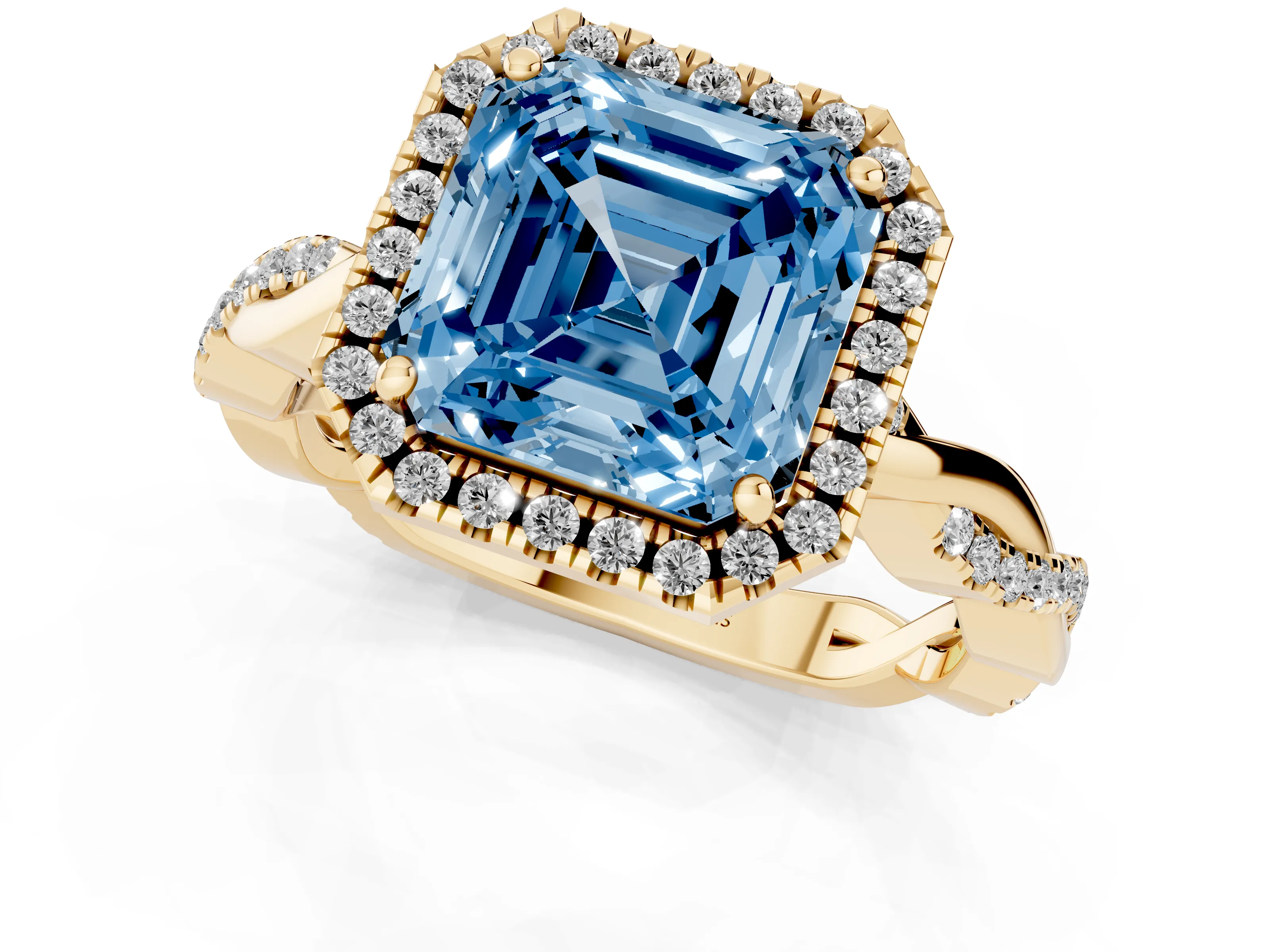 Fancy Blue Asscher Cut Diamond Halo Twisted Band Ring Set in Yellow gold with Prong Setting