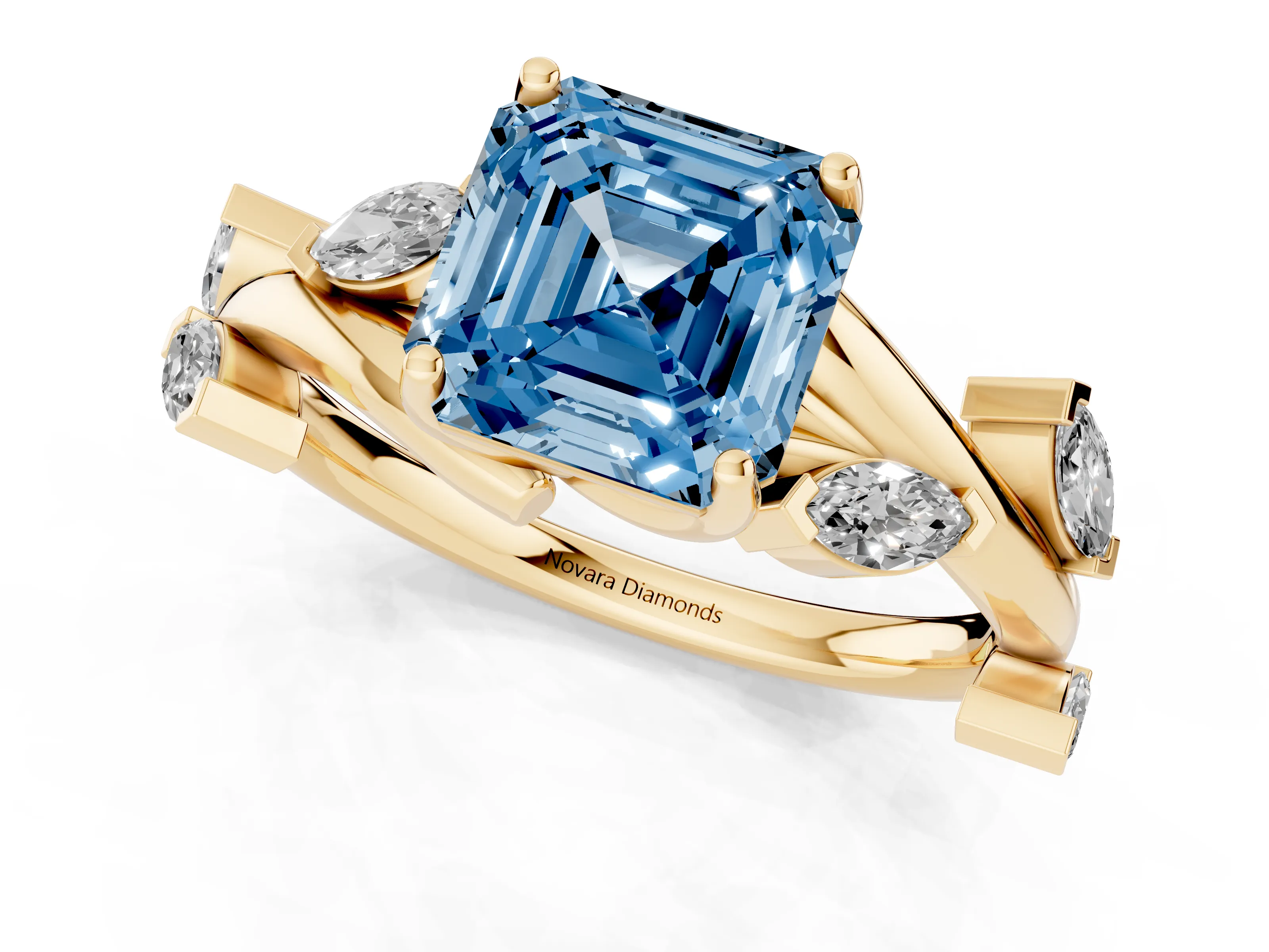 Fancy Blue Asscher Cut Diamond Solitaire Ring Set in Yellow gold with Twisted Marquise Accent Band