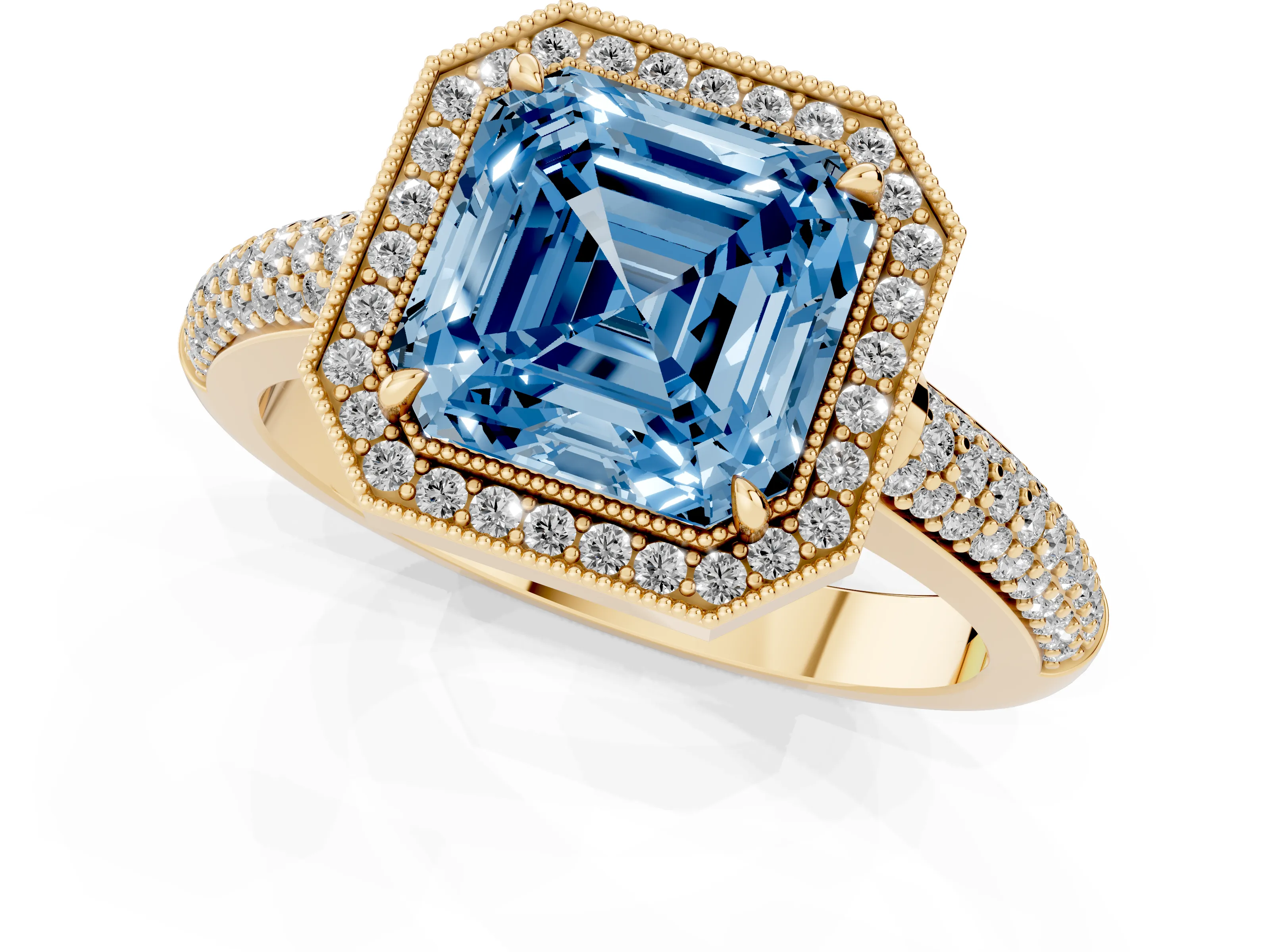Fancy Blue Asscher Cut Diamond Halo Pavé Band Set in Yellow gold with Prong Setting