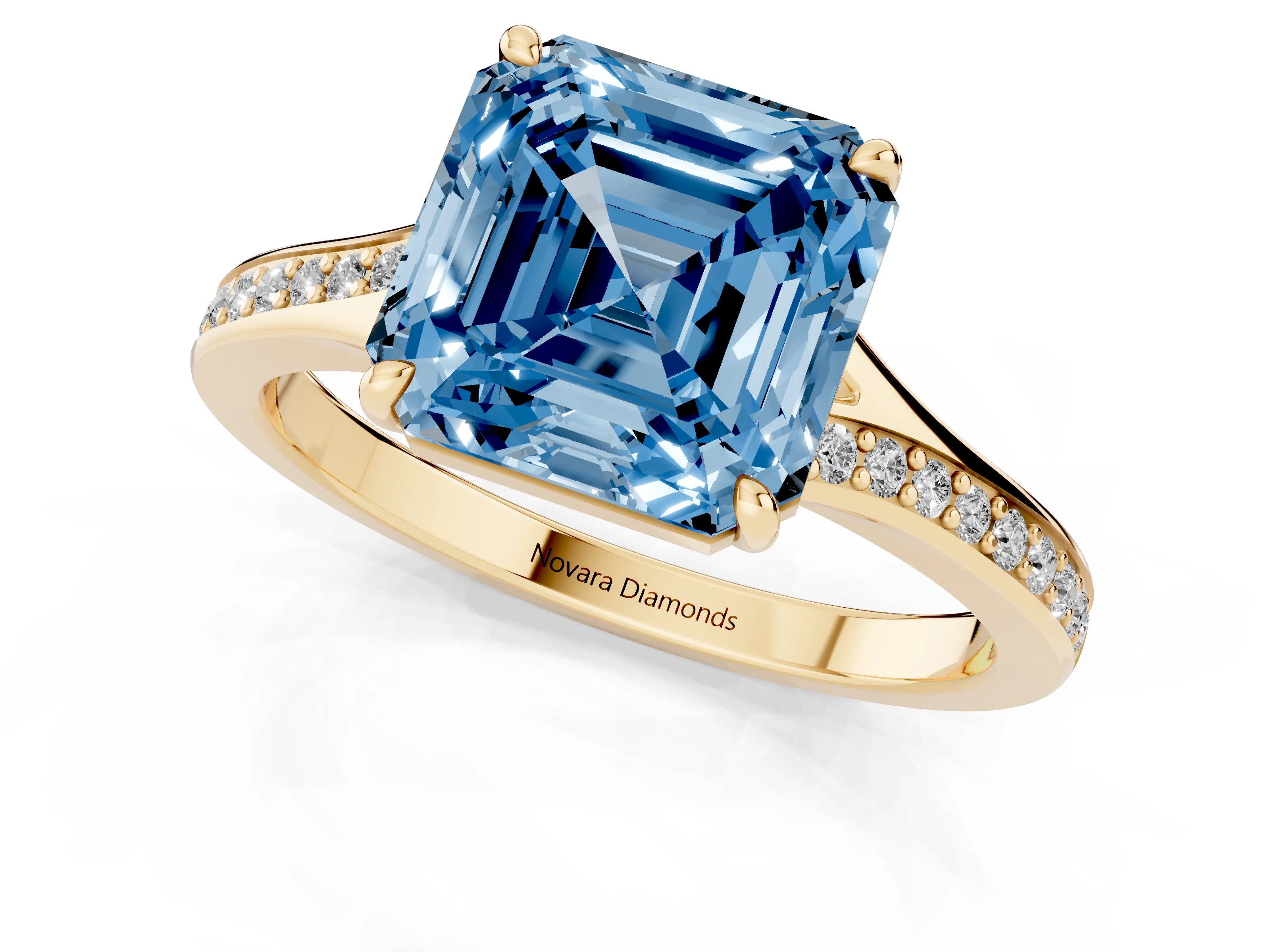 Fancy Blue Asscher Cut Diamond Solitaire Ring Set in Yellow gold with Pavé Accent Band and Classic Prong Setting
