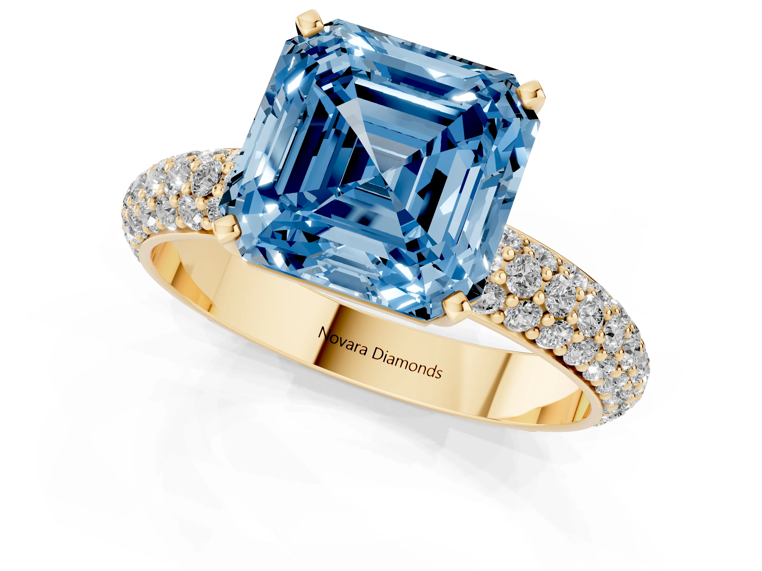 Fancy Blue Asscher Cut Diamond Solitaire Ring Set in Yellow gold with Prong Setting and Pavé-Set Band