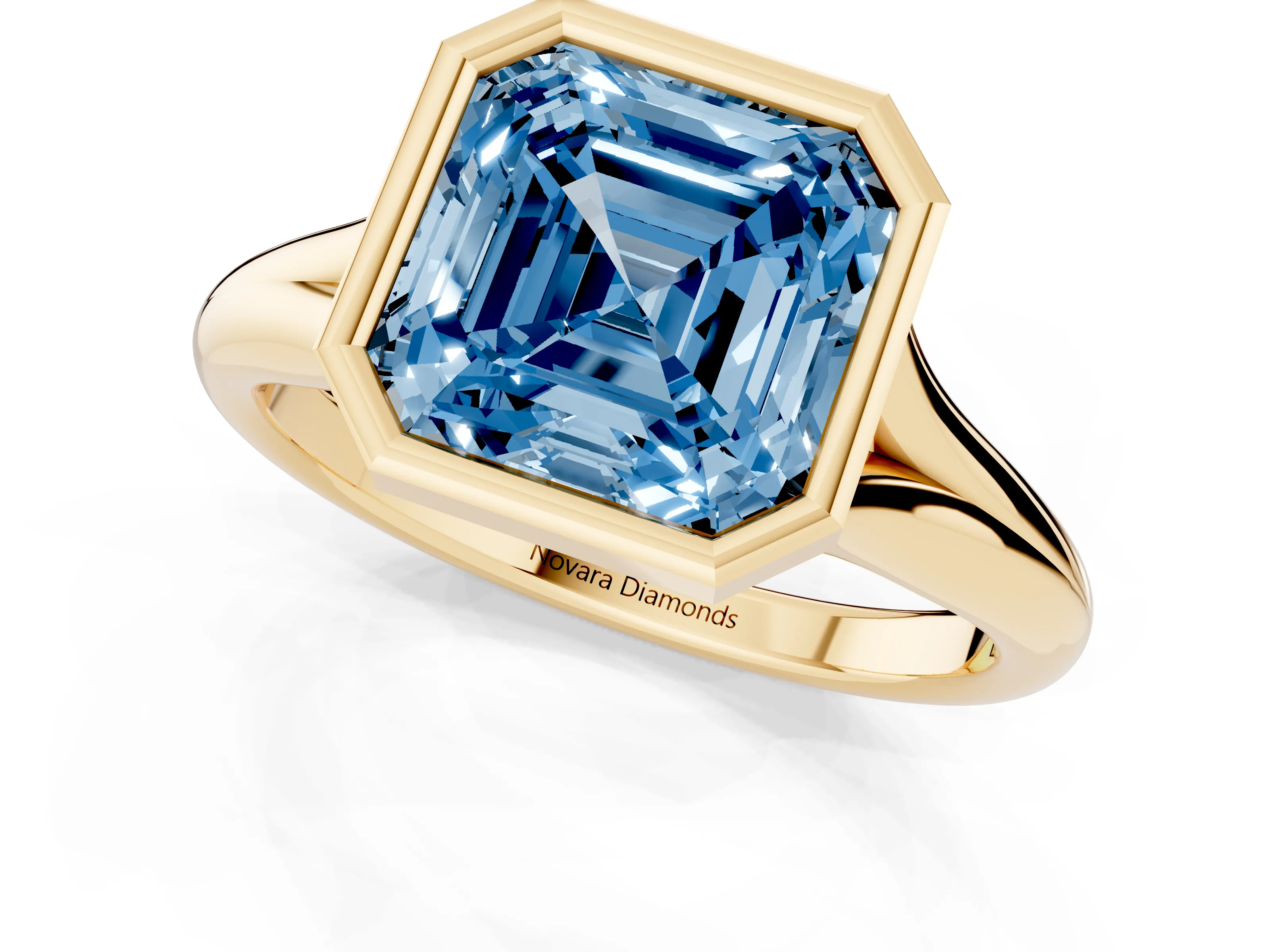 Fancy Blue Bezel Set Asscher Cut Diamond Solitaire Ring Set in Yellow gold with Smooth Band