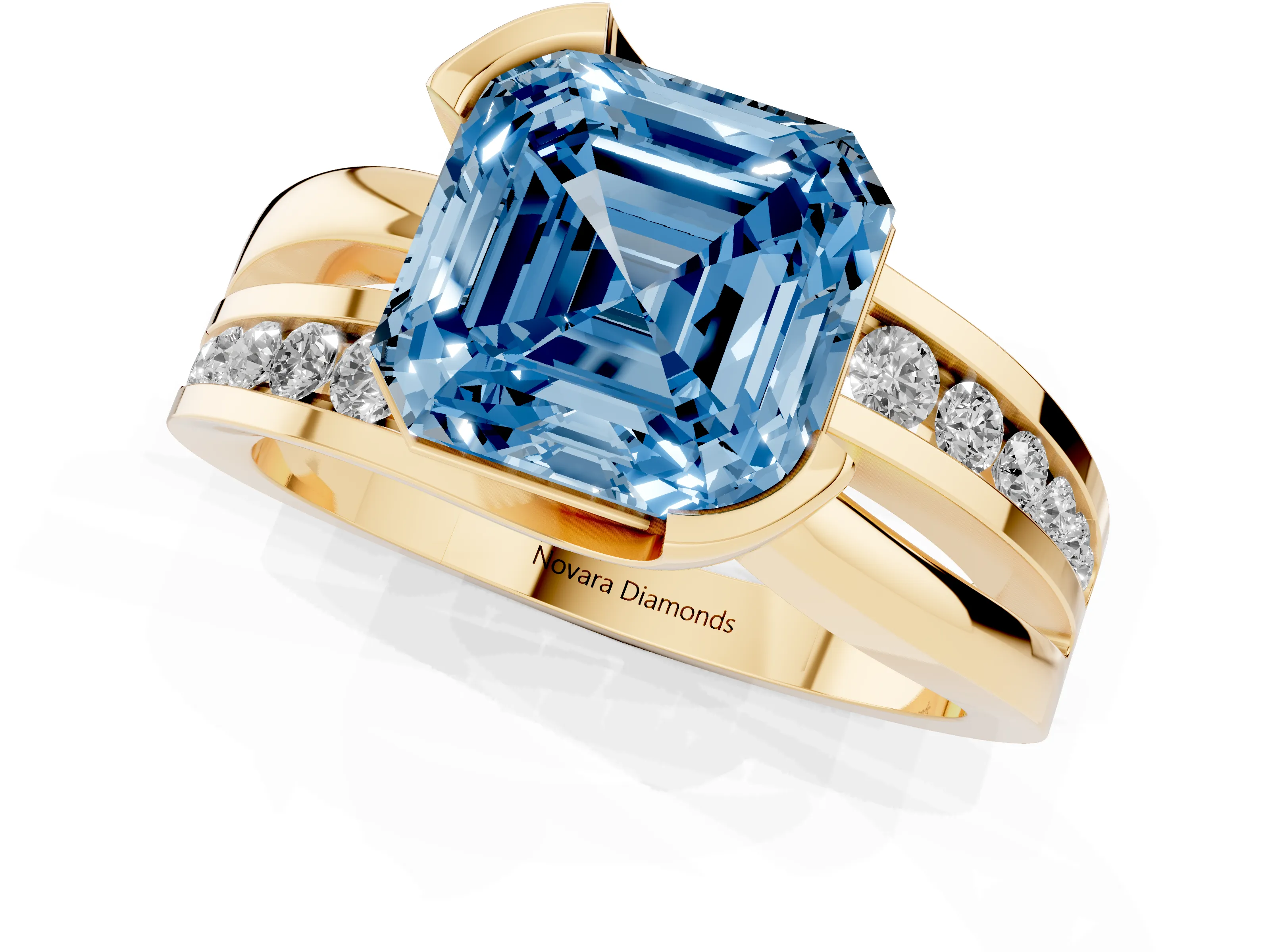 Fancy Blue Asscher Cut Diamond Solitaire Ring Set in Yellow gold with Channel Set Split Shank and Tension Prongs