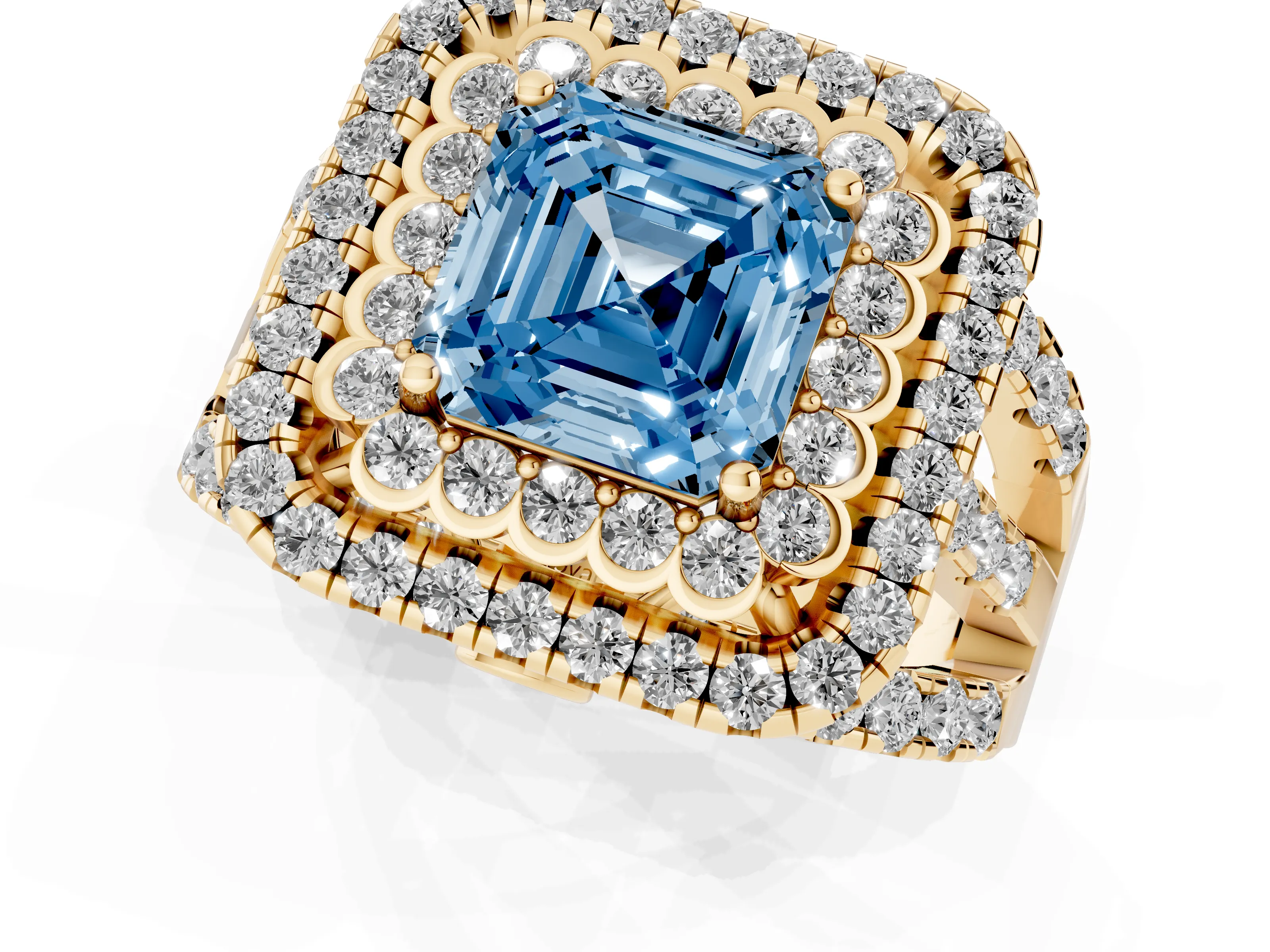 Fancy Blue Asscher Cut Diamond Double Halo Ring Set in Yellow gold with Round Pavé Split Shank