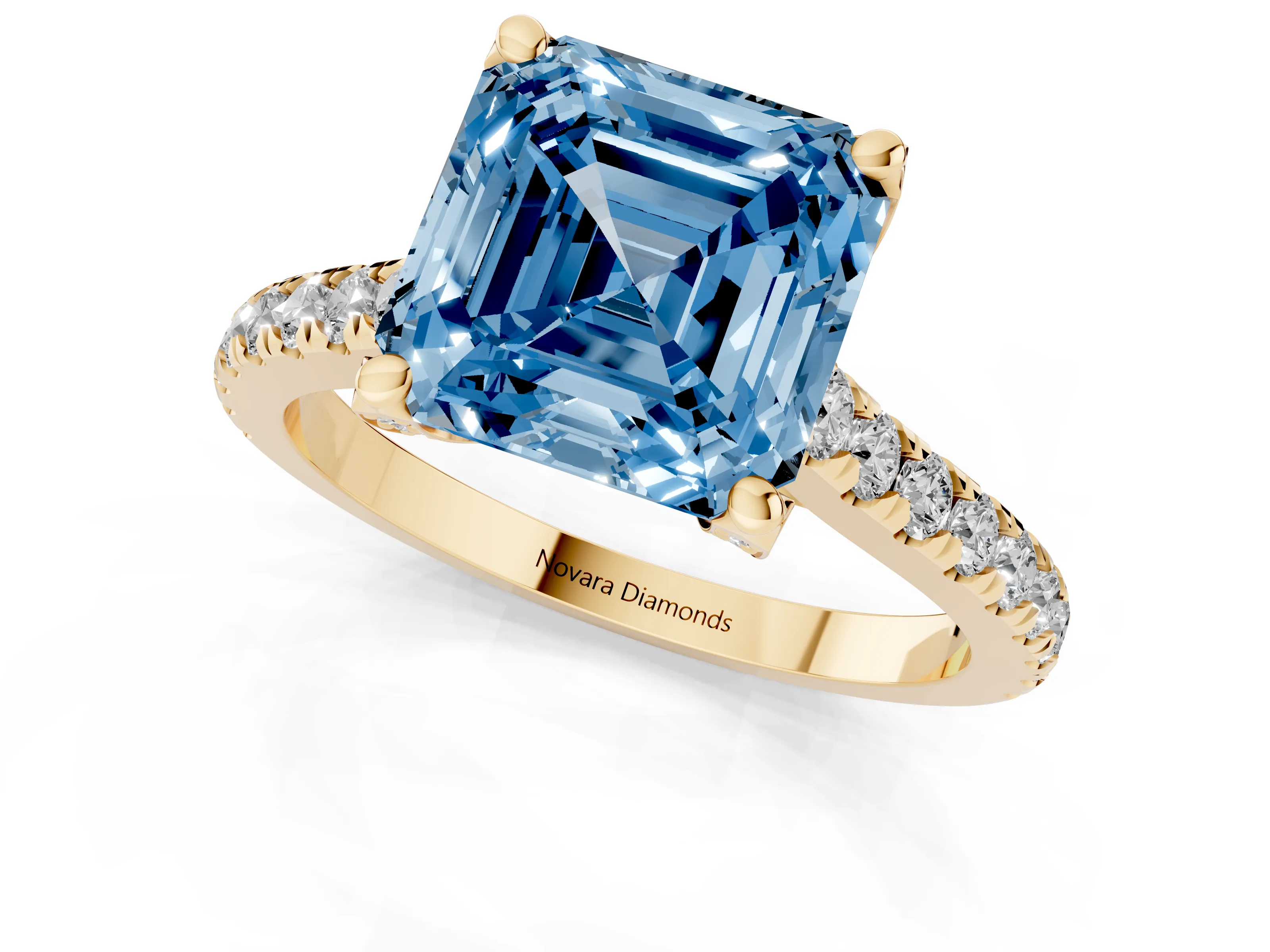 Fancy Blue Asscher Cut Diamond Solitaire Ring Set in Yellow gold with Brilliant Pavé Band and Prong Setting