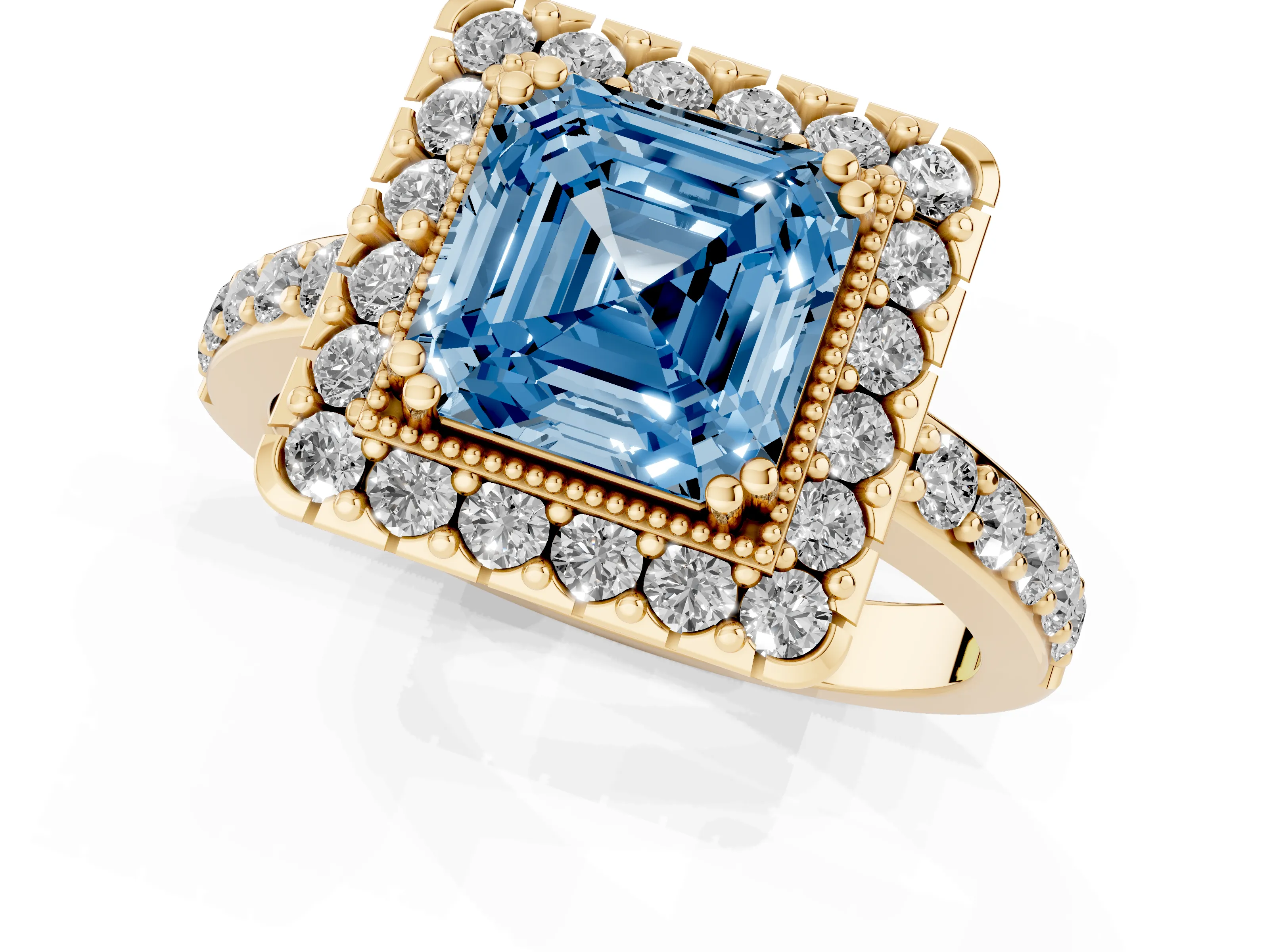 Fancy Blue Asscher Cut Diamond Halo Ring Set in Yellow gold with Pavé Shank and Prong Setting