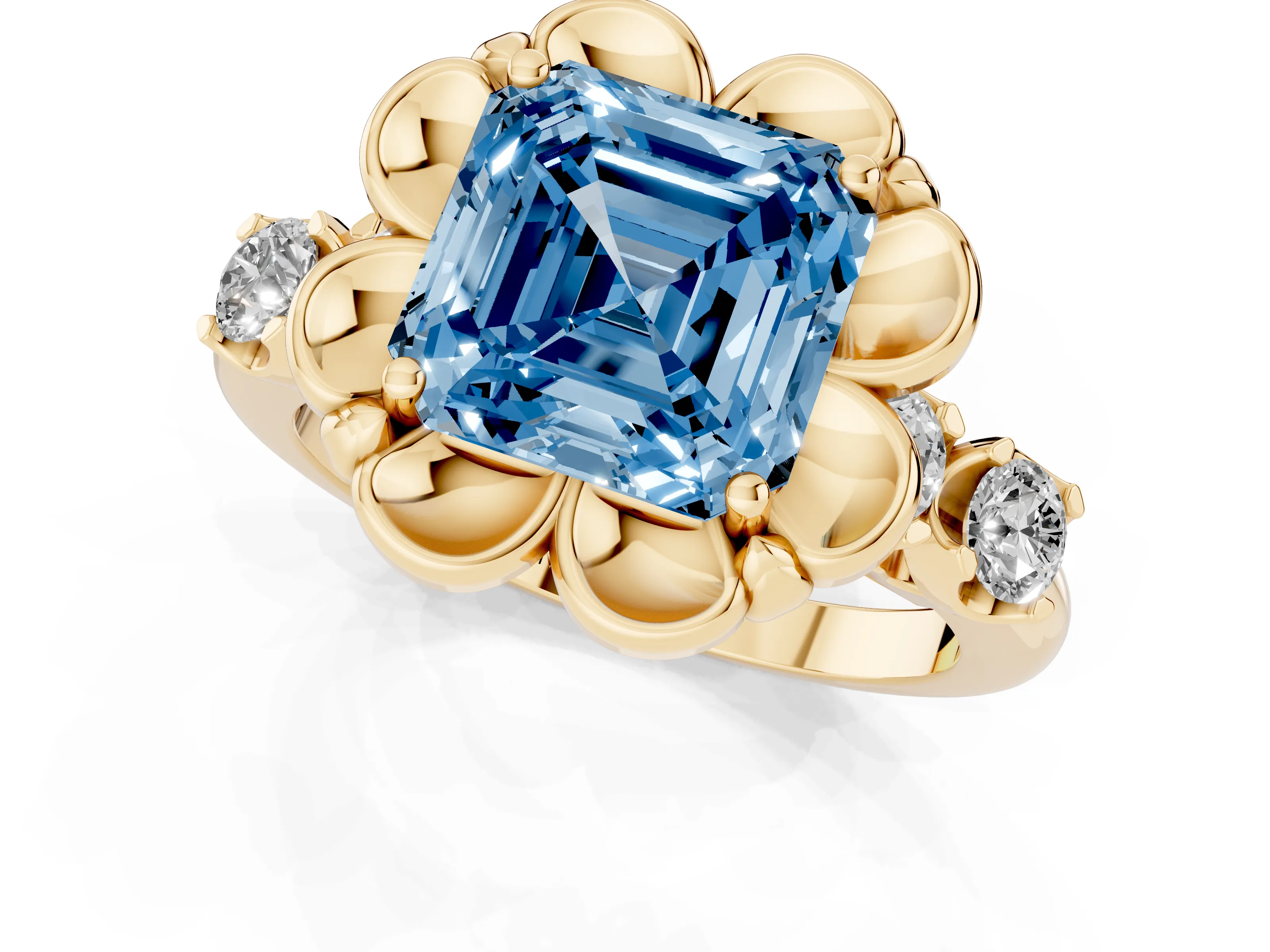 Fancy Blue Asscher Cut Diamond Floral Halo Ring Set in Yellow gold with Shared Prong Band