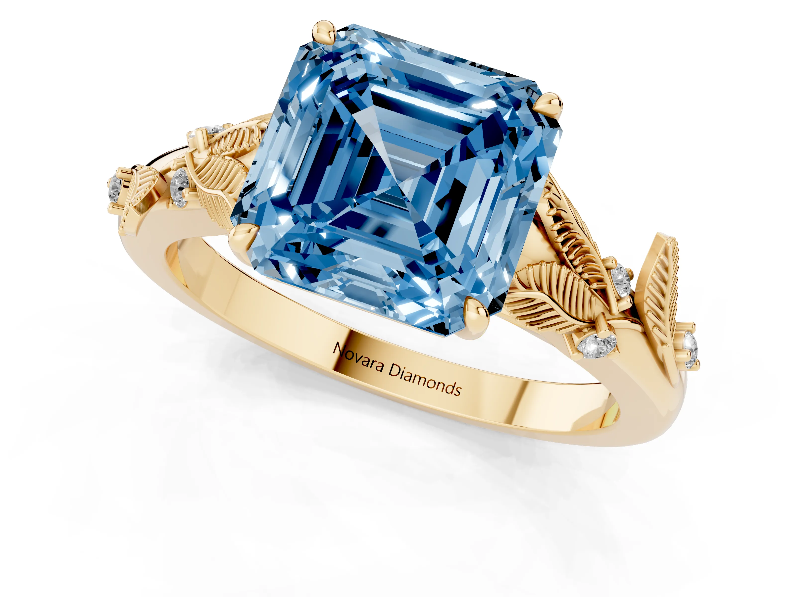 Fancy Blue Asscher Cut Diamond Solitaire Ring Set in Yellow gold with Leaf Motif Band