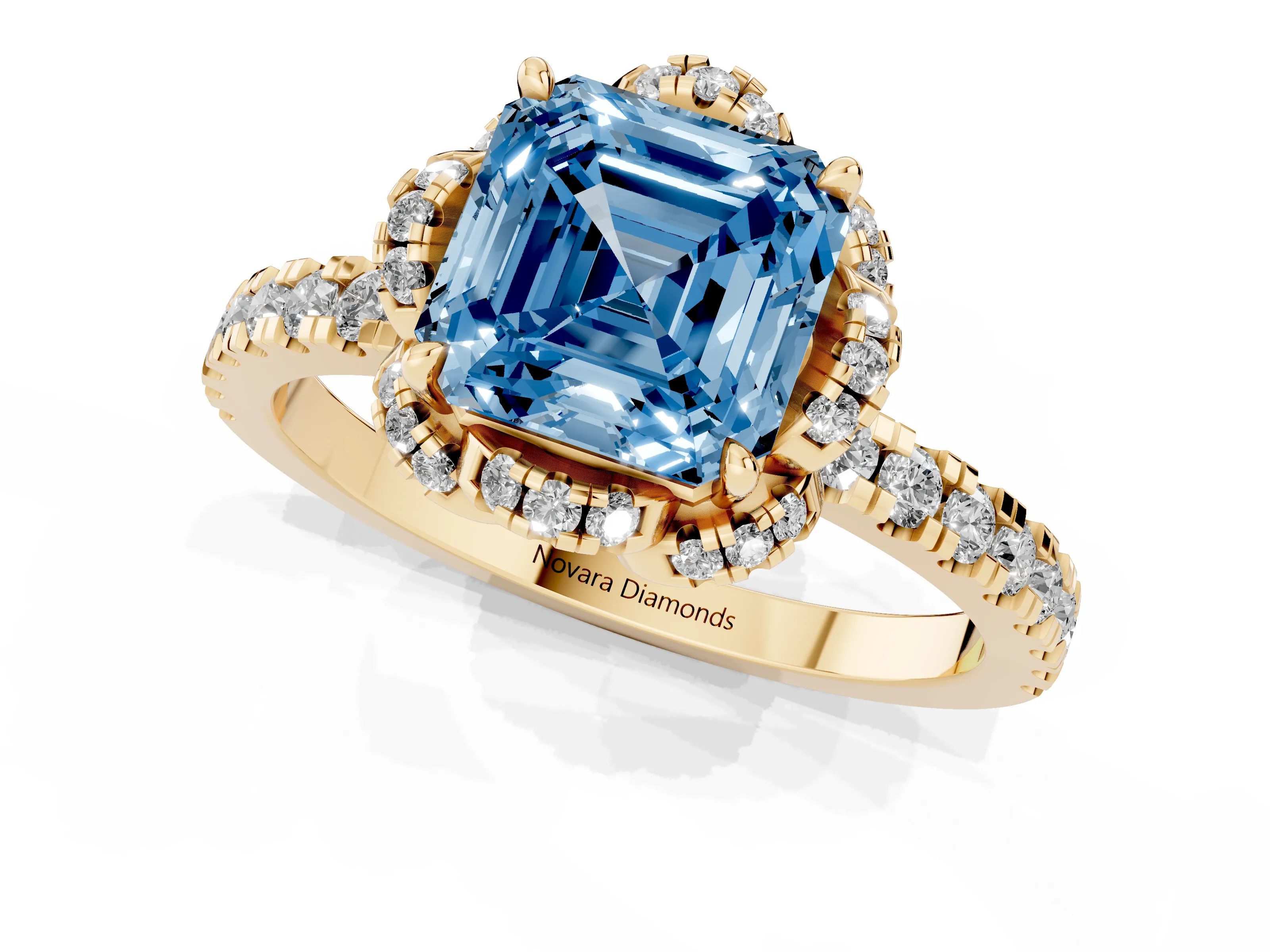 Fancy Blue Asscher Cut Diamond Halo Pavé Ring Set in Yellow gold with Prong-Held Center Stone