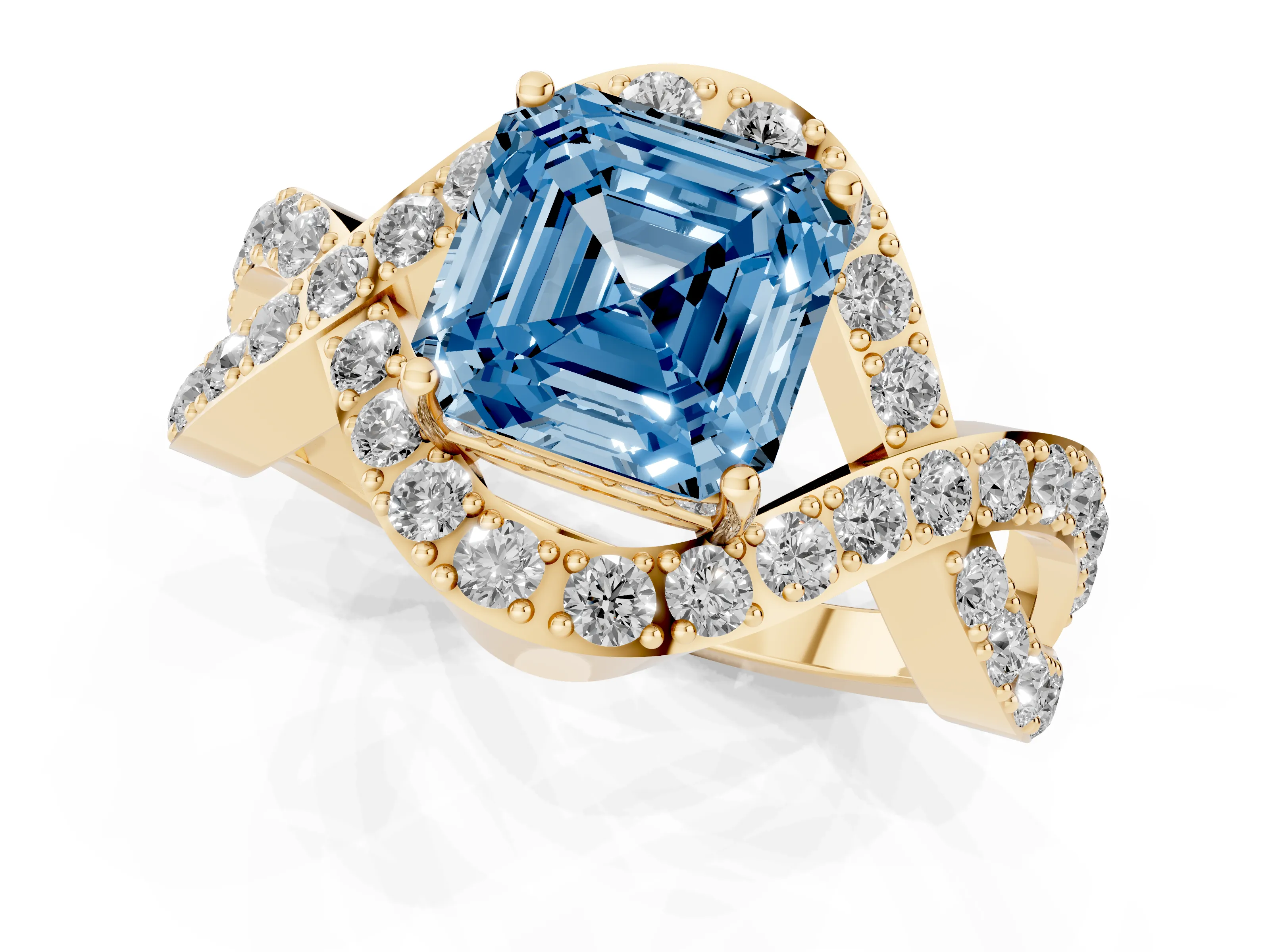 Fancy Blue Asscher Cut Diamond Solitaire Twist Band Pavé Engagement Ring Set in Yellow gold