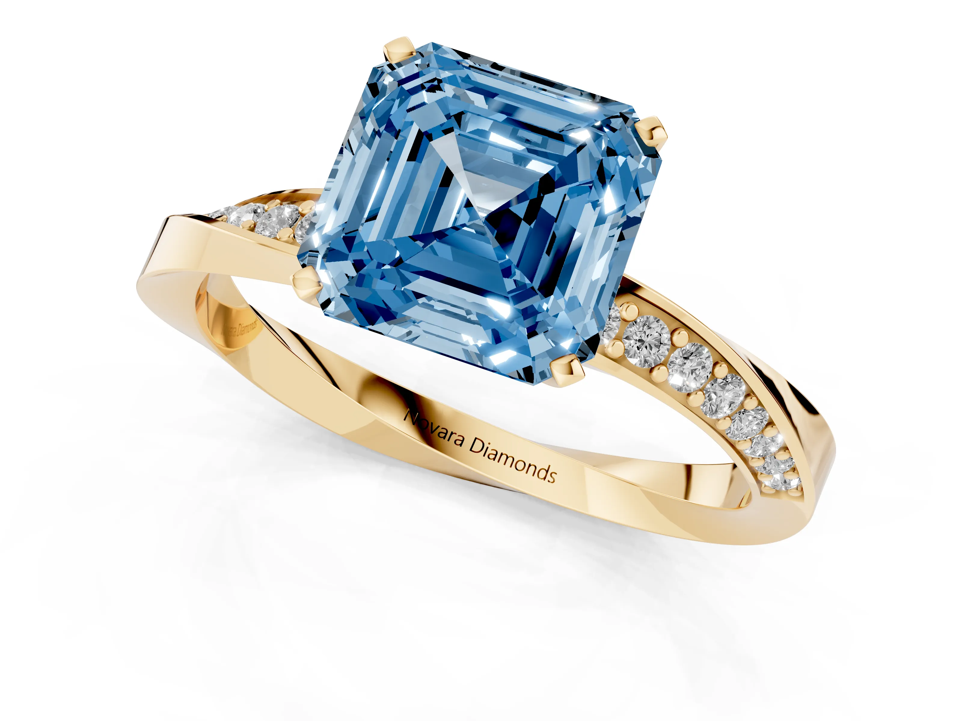 Fancy Blue Asscher Cut Diamond Engagement Ring Set in Yellow gold with Side Stone Accents and Prong Setting