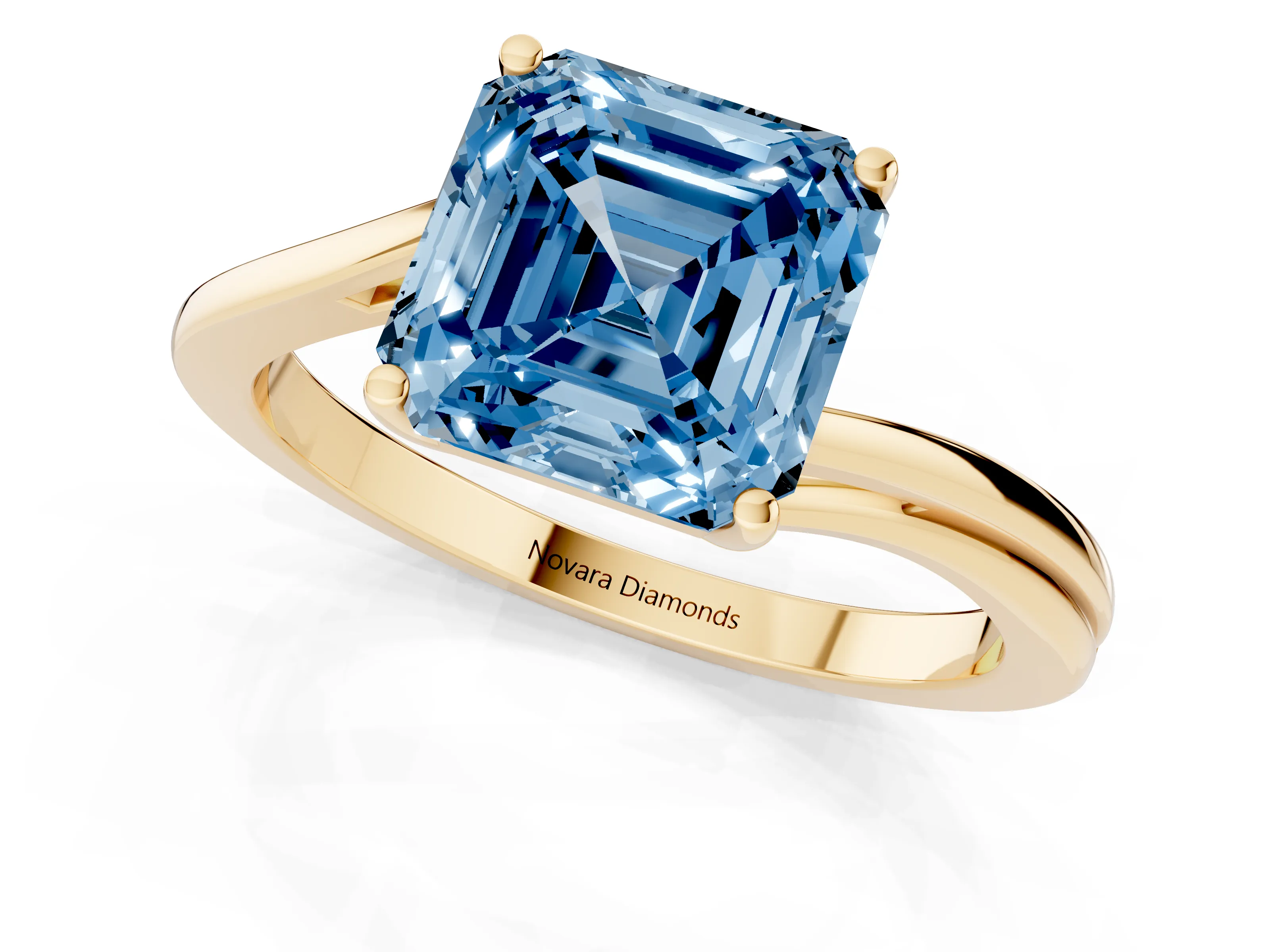 Fancy Blue Asscher Cut Diamond Solitaire Twist Band Ring Set in Yellow gold with Prong Setting
