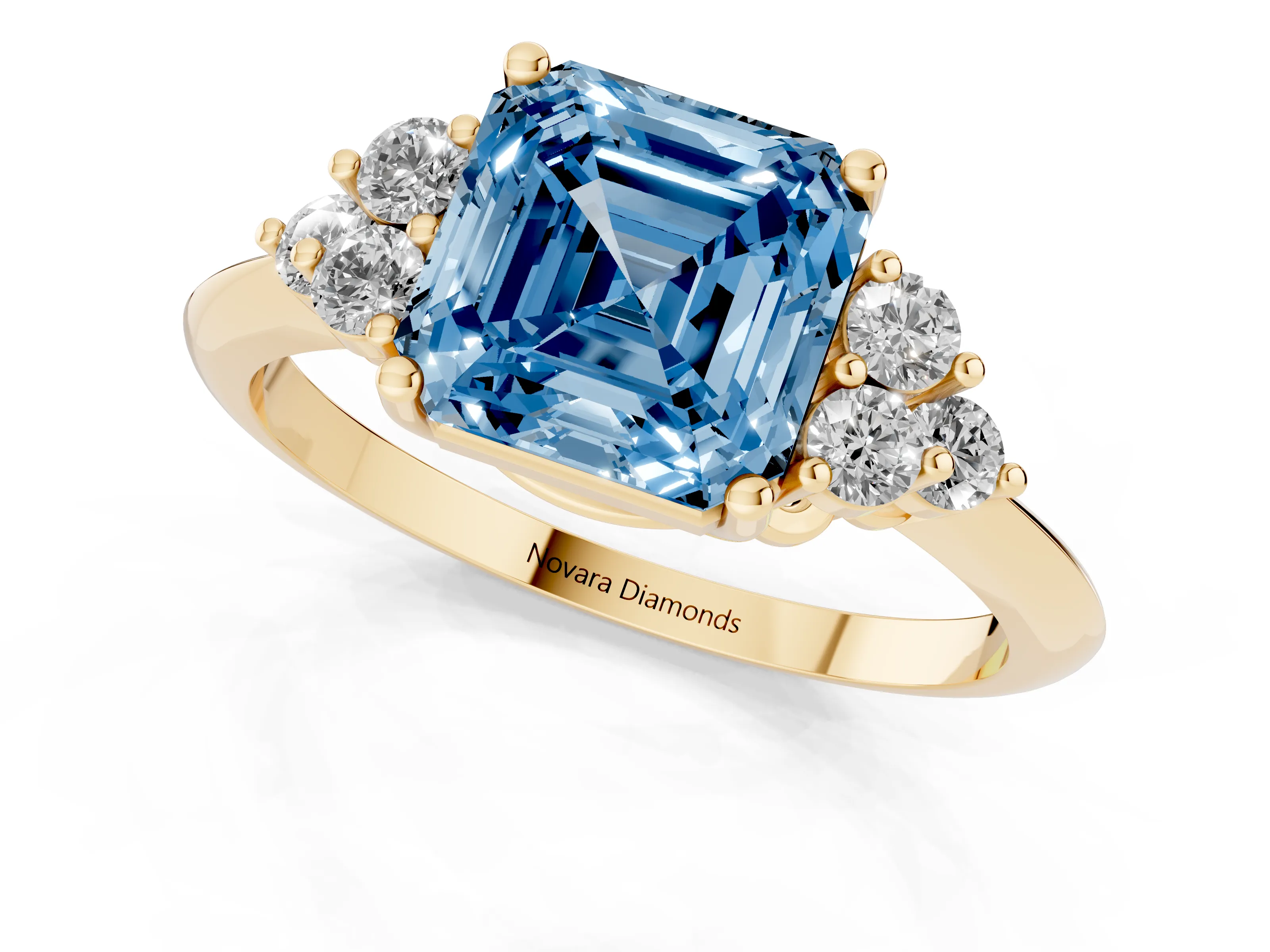 Fancy Blue Asscher Cut Diamond Cluster Ring Set in Yellow gold with Plain Band and Prong Setting