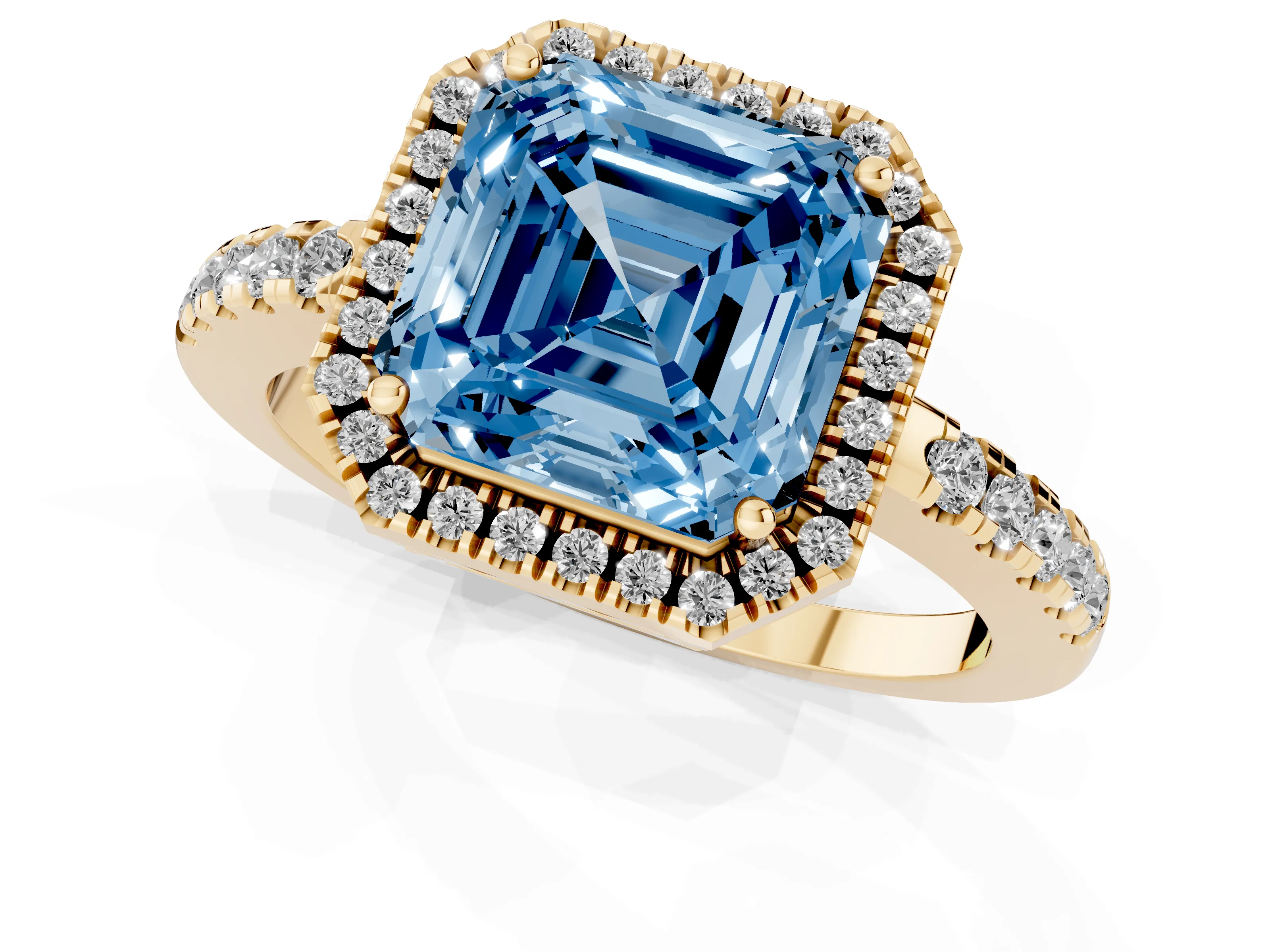 Fancy Blue Asscher Cut Diamond Pavé Band Halo Engagement Ring Set in Yellow gold with Prong Setting
