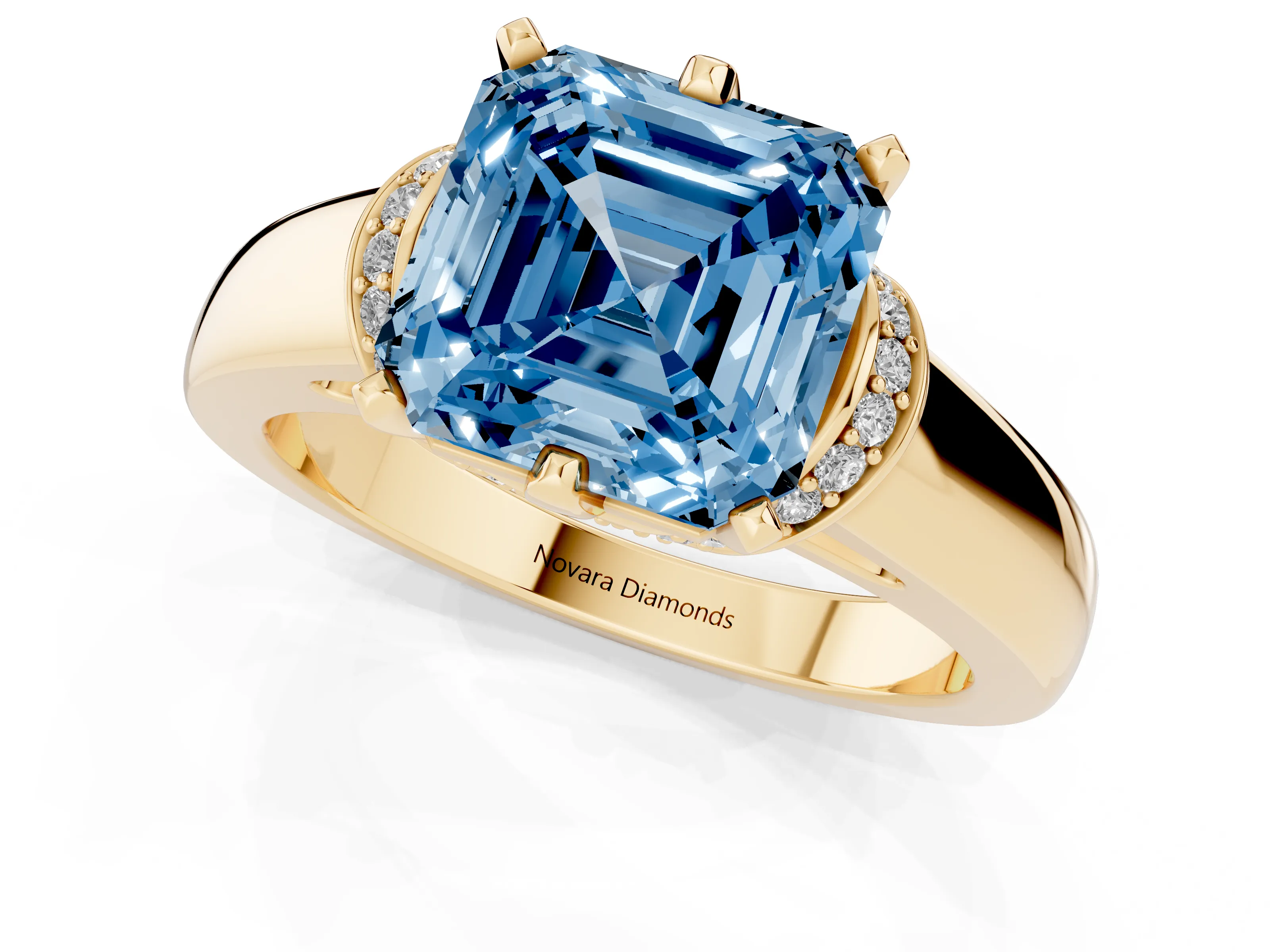 Fancy Blue Asscher Cut Diamond Pavé Band Solitaire Ring Set in Yellow gold with Prong Setting